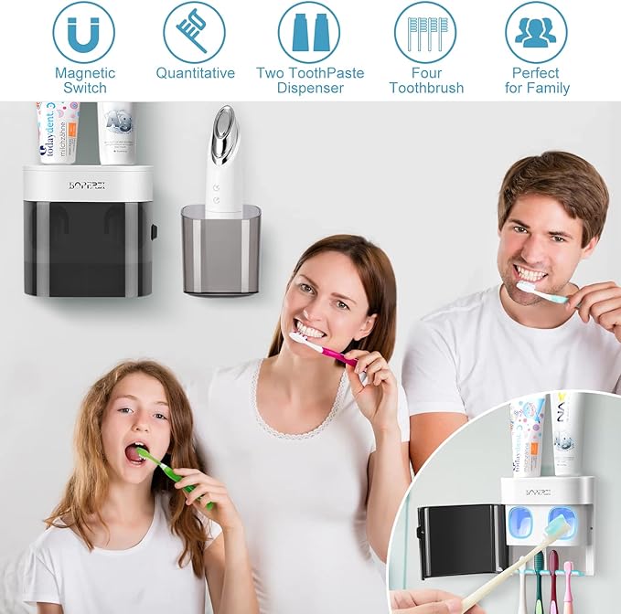 Boperzi Bathroom Razor Storage Holder and Toothpaste Dispenser Wall Mounted with Dustproof Cover, Black Toothbrush Holder Set for Mirror Shower with 2 Toothpaste Squeezers(No Electric, No Light)
