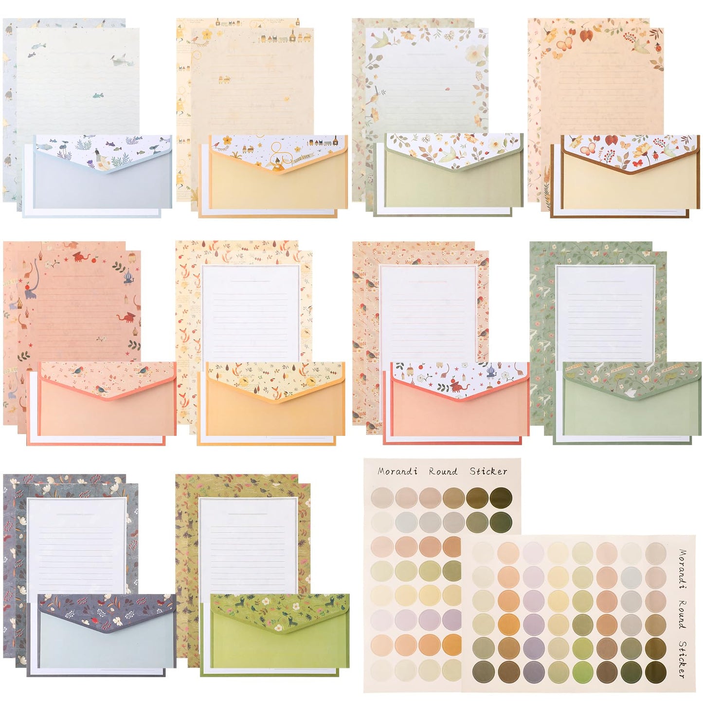 Laumoi 180 Pcs Stationery Papers and Envelopes Set Includes 60 Stationery Envelopes 120 Lined Stationery Writing Paper with 96 Colorful Round Dot Stickers, 10 Designs (Greenery)