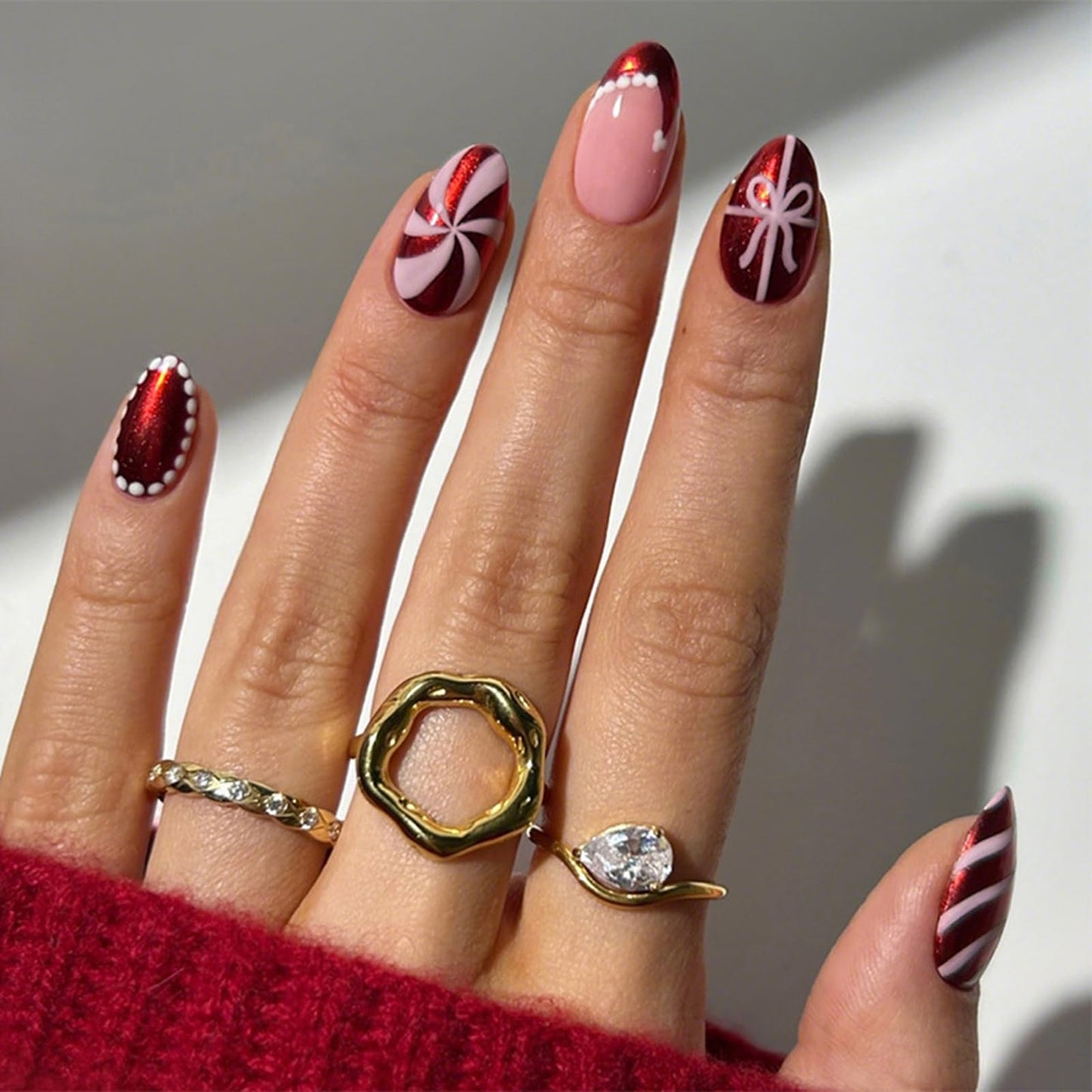 IMSOHOT Red Press on Nails Medium Almond Fake Nails Glossy Glue on Nails Full Cover Acrylic False Nails for Women Girls 24Pcs