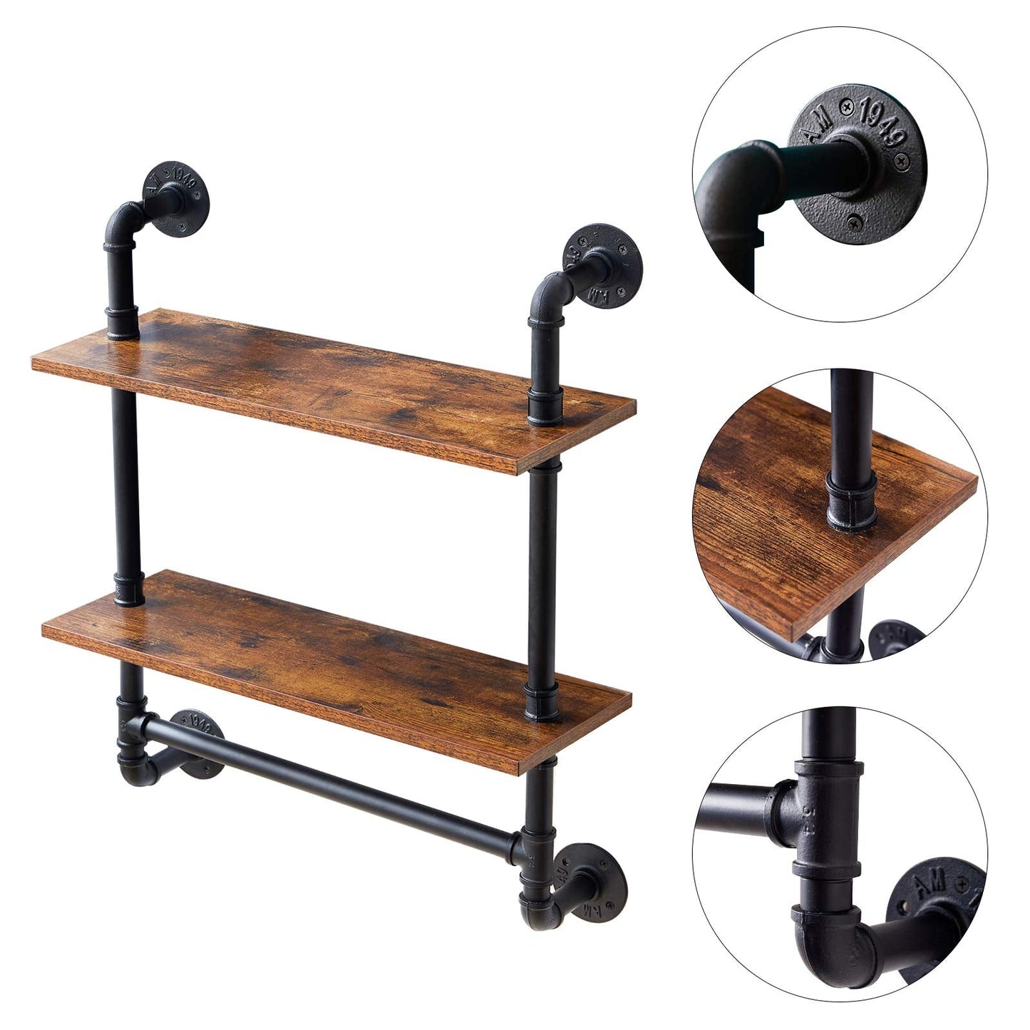 YMYNY Industrial Pipe Shelf Bracket, 2 Tiers Retro Wall Mounted Floating Shelf, Wood Look DIY Storage Shelving Bookshelf, UHRF-TM014