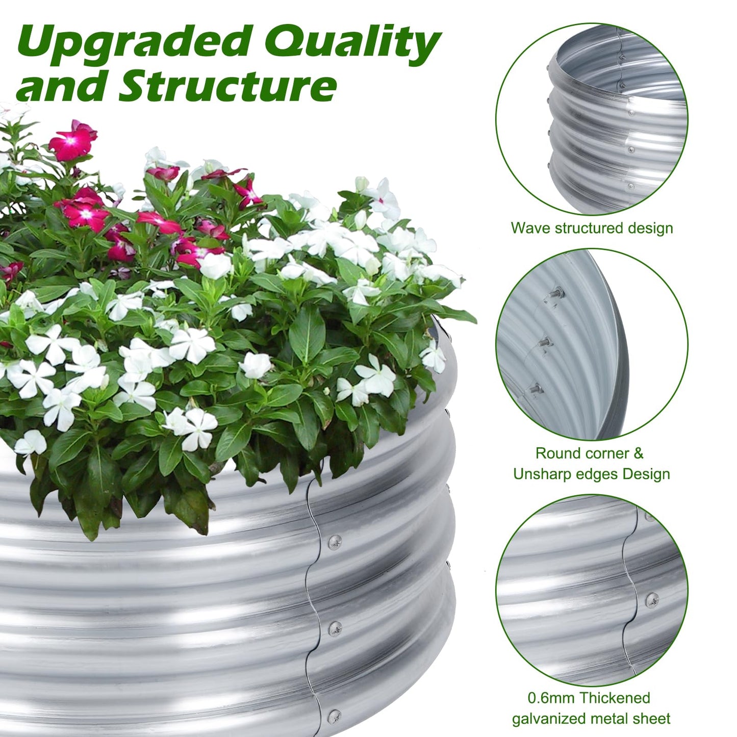 PINPON 3 Pack 2x2x1ft Round Galvanized Raised Garden Bed Outdoor, Silver Metal Planter Box for Vegetables, Herbs, Flowers