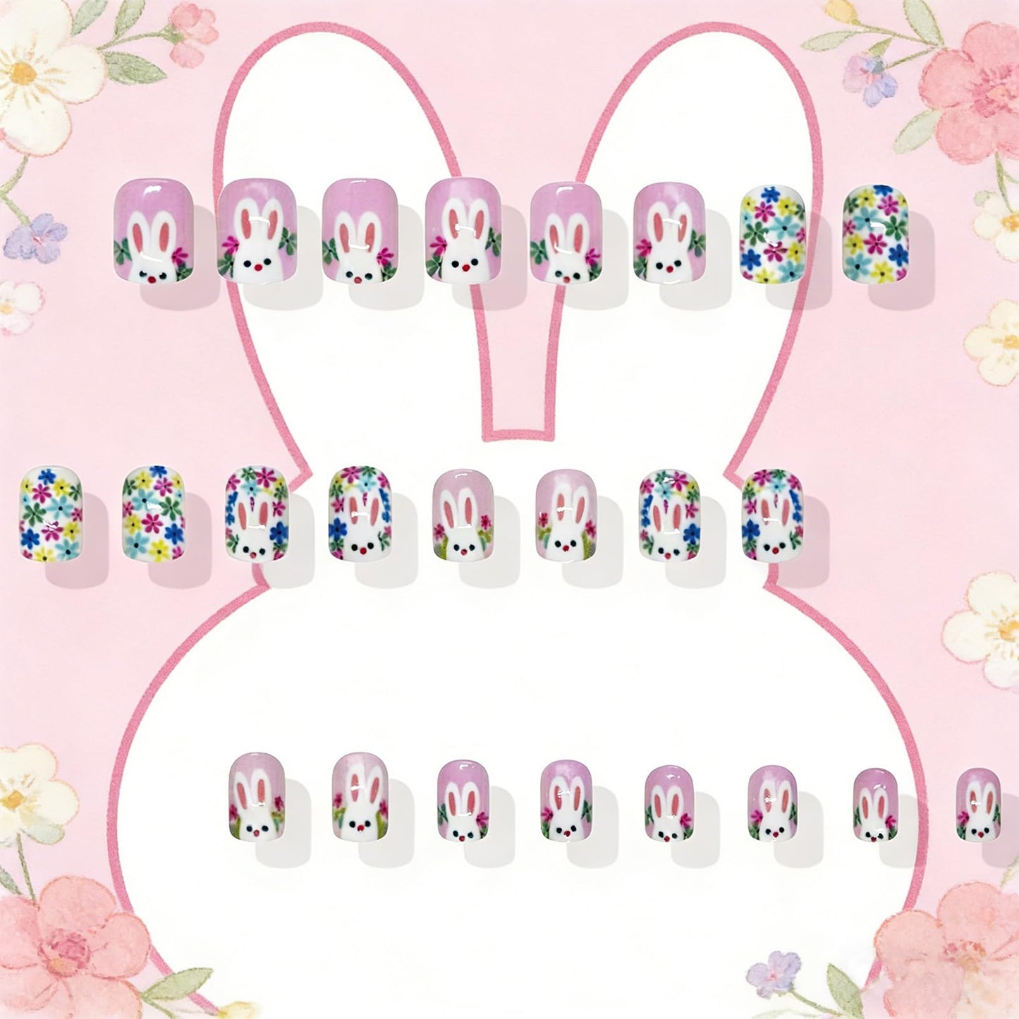 Colorful Flower Press on Nails Easter Short Square Fake Nails with Cute Bunny Designs Glossy Acrylic Nail Press ons Spring Floral False Nails Full Cover Glue on Nails for Women 24Pcs