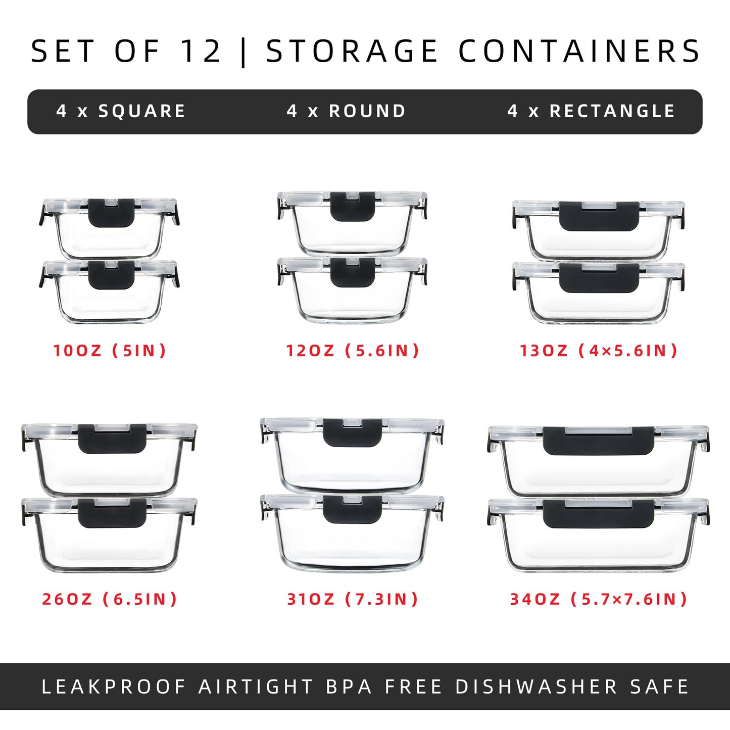 FAWLES 12 Pack Glass Meal Prep Containers with Airtight Lids, Leak-Proof Food Storage Containers, Dishwasher/Microwave/Oven/Freezer Safe Glass Containers for Lunch, Leftovers, to Go (Grey)