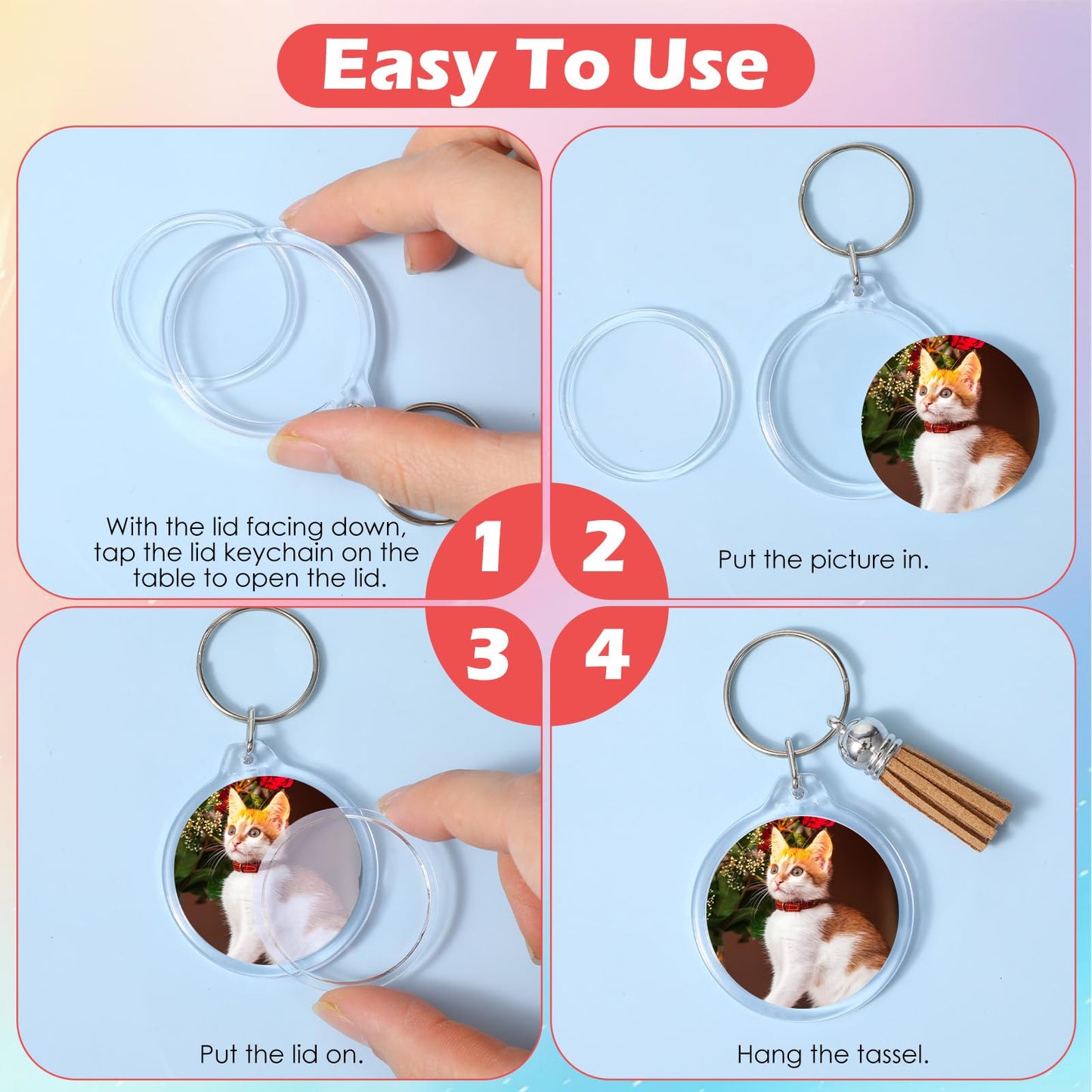 moheaaei 60 Pcs Acrylic Photo Frame Keychain with Tassels, Double Sided Acrylic Picture Frame Keyrings, Snap-In Custom Insert Photo Keyring Clear Blank Picture Keyring
