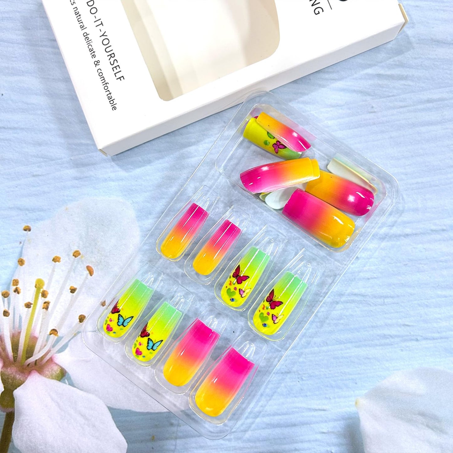 Colorful Butterfly Press on Nails Medium Ballet Shaped Flower False Nails Colorful Gradirent Acrylic Nails Full Cover Butterfly Stick on Nails Glossy Glue on Nails Artificial Nails for Women 24Pcs