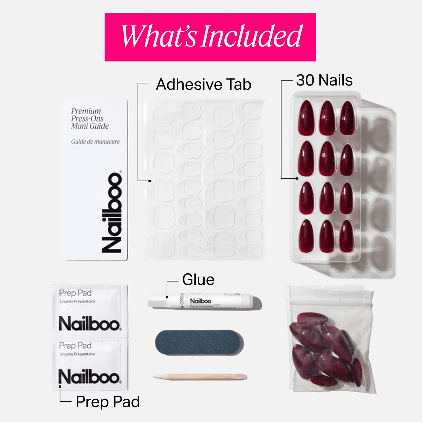 Nailboo Press On Nails, Salon-Quality Reusable Fake Nails for Fast DIY Manicure with Strong Hold Nail Glue for Press Ons, Nail File, & Alcohol Prep Pads, Royal Rose
