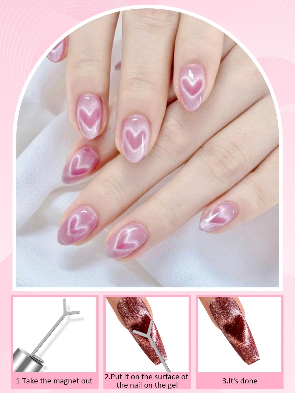 TOROKOM Cat Eye Magnetic for Nails, 54PCS 3-in-1 Cat Eye Gel Nail Polish Magnet Tools Powerful Set Multiple Style Nail Magnets French Heart Beads Nail Art Tools for Nail Art Designs