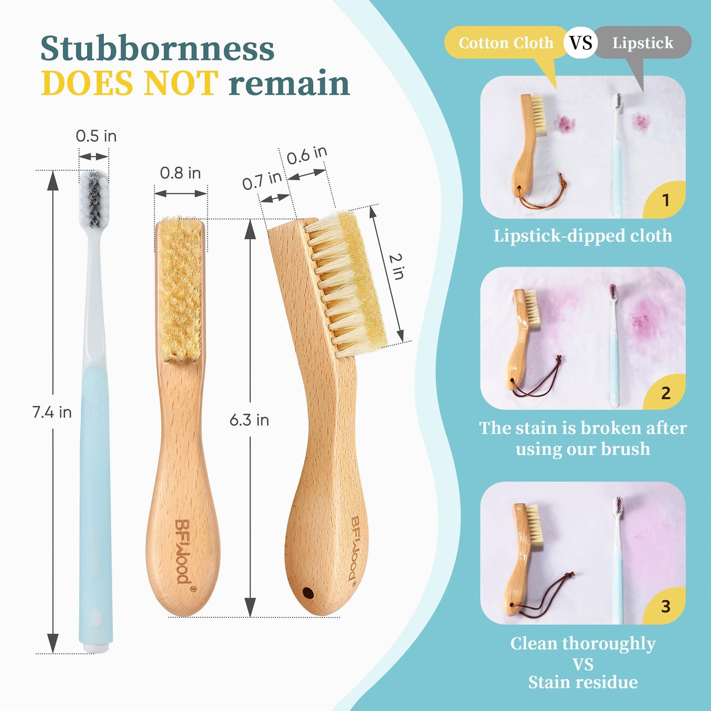 BFWood 2PCS Laundry Stain Brush - Natural Soft Boar Bristles, Removes Tough Stains from Delicate Fabrics Like Knits, Cotton, and Linens, Gentle on Fabrics, No Damage