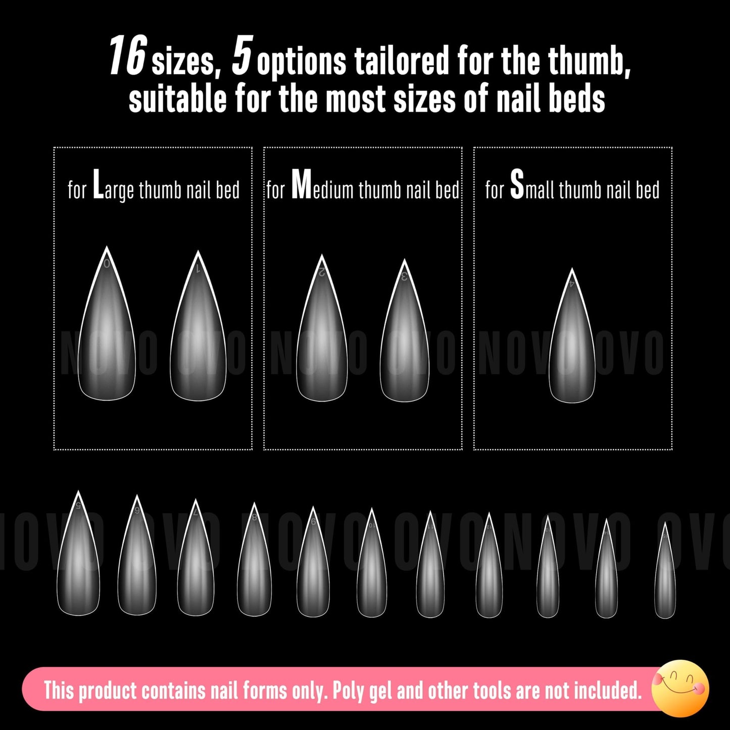 NOVO OVO Sharp Stiletto Pointed Medium Long Nail Tips Press on, Soft Gel Double Matte Clear Fake Nail Extension, Full Cover False Nails for Salon DIY x 16 Sizes 224 pcs