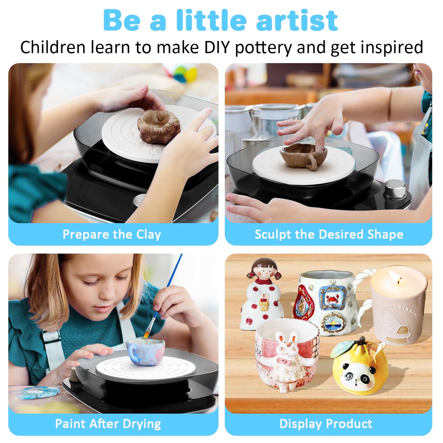 Pottery Wheel for Kids - Complete Pottery Kit & Tools for Beginners, Plug-in Rechargeable Battery, Upgraded Detachable Turntable Adjustable Speed, DIY Clay Maker for Kids 9-12 (Black, Patented)