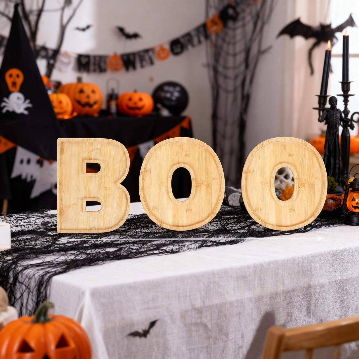 MAGLADY 5Pcs BOO Halloween Charcuterie Board Set, Bamboo Wood Serving Tray Platter with 2 Dipping Saucers Fruit Snack Candy Cupcake Tray Table Decor for Halloween Party