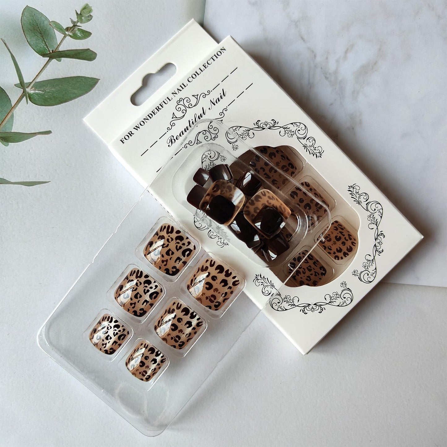 Leopard Press on Toenails Short Square Fake Toe Nails Glitter False Toenails Brown Glossy Acrylic Toes Nail Press ons Cheetah Print Nails Toe Press on Nails for Women 24Pcs