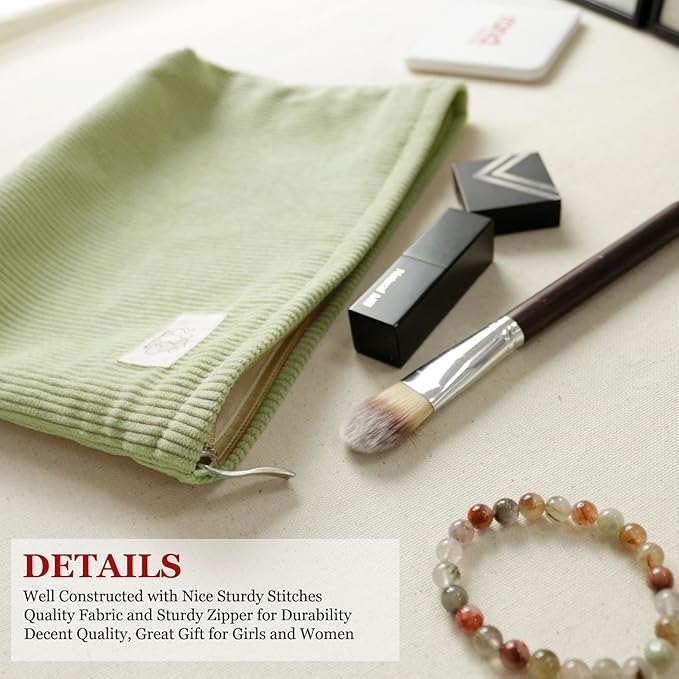 HAPPYHEIDI Fresh Green Corduroy Makeup Bag Cosmetic Toiletry Travel Pouch, Make Up Accessory Purse Organizer, Canvas Lined