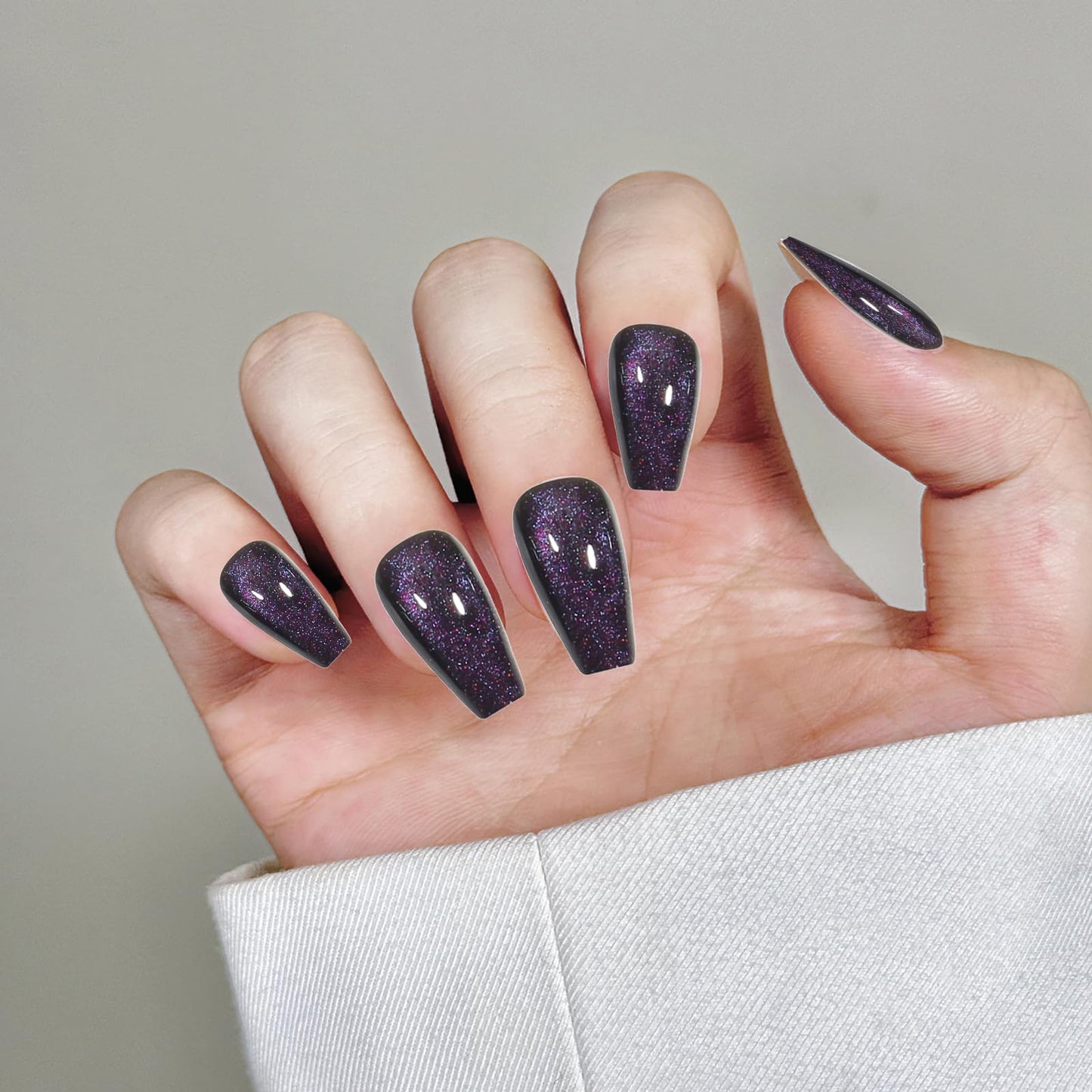 Cat Eyes Press On Nails,12 Sizes - 24 Pcs Soft Gel Dark purple Medium Coffin Fake Nails Kit with Nail Glue,Reusable Stick On False Nails for Women and Girls (Skycloud Cateye Dark purple) SK0705