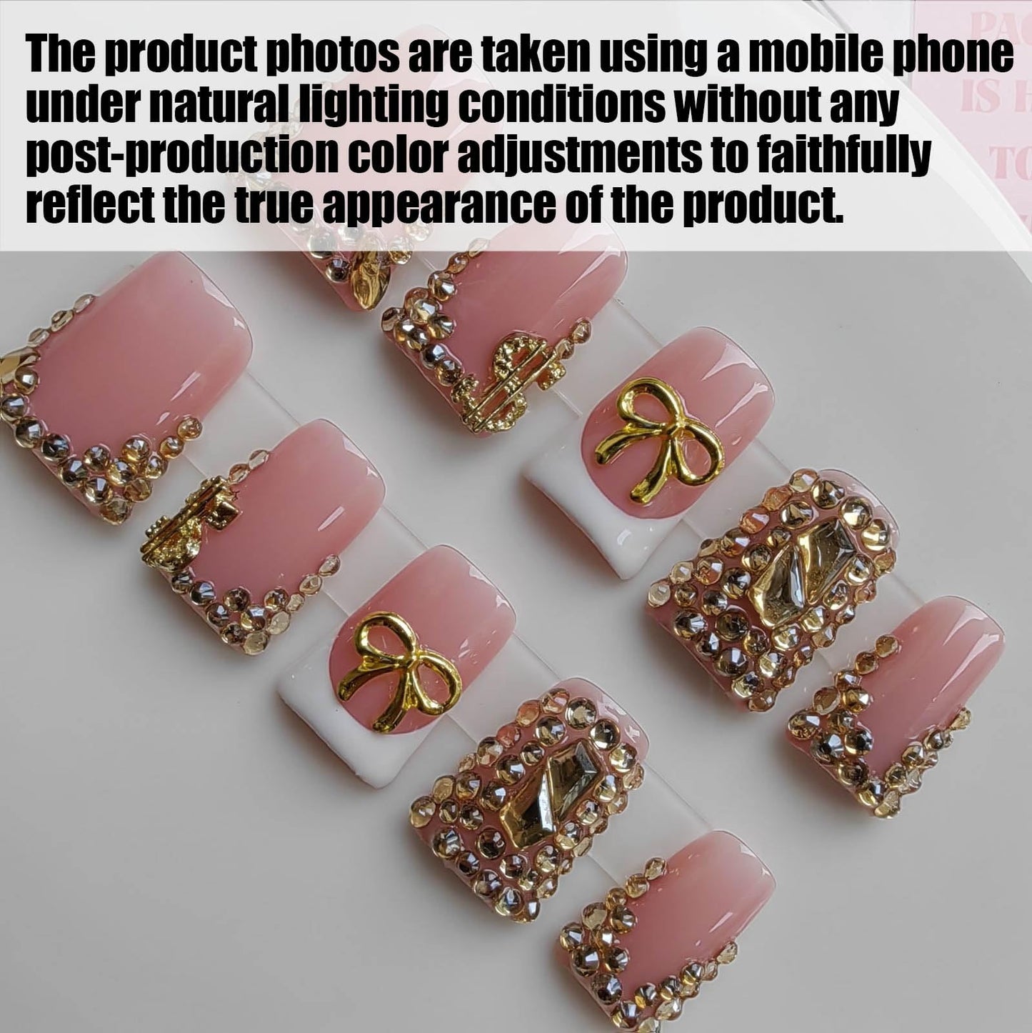 Gleamrain Duck Press on Nails Handmade Fake Nails Pink with Rhinestones and Bow Design for Women 10pcs M Size Pattern 1102
