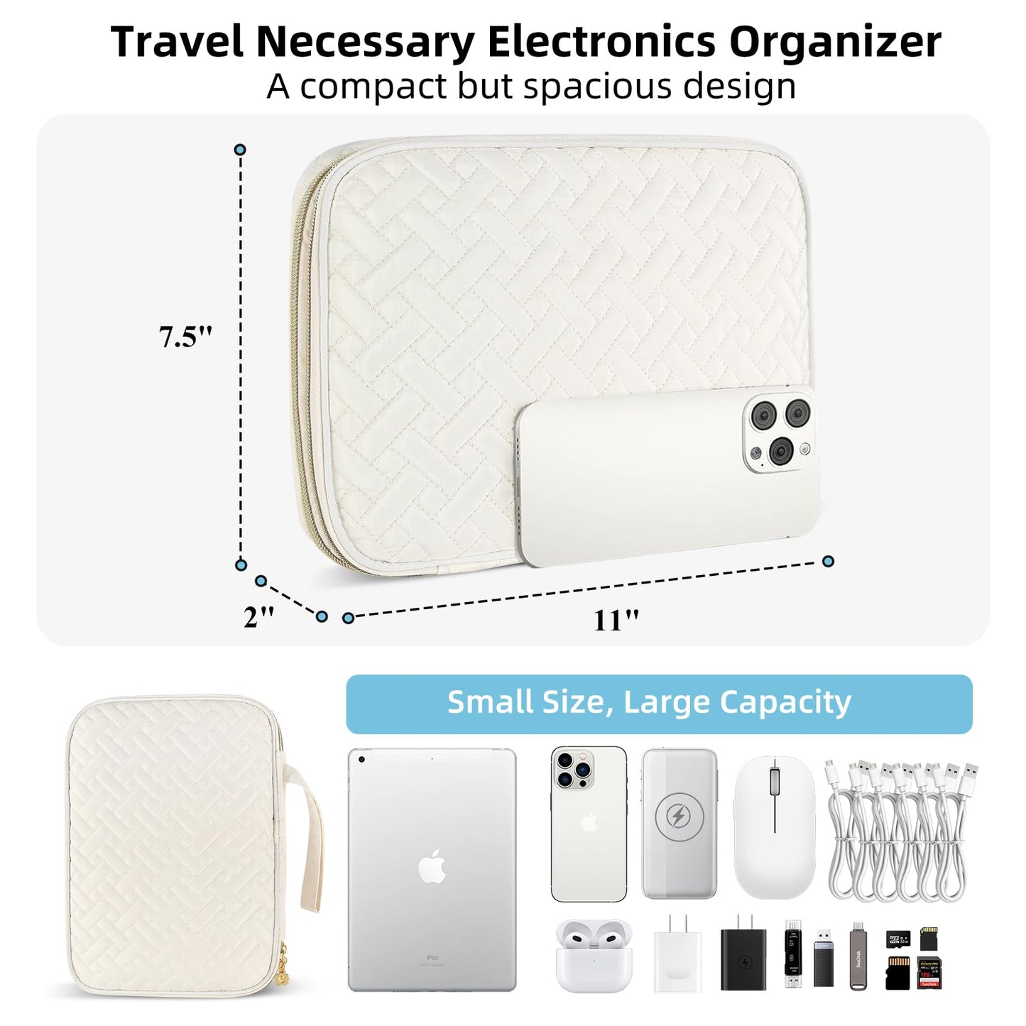 ZFZGFRCS Electronics Organizer Travel Case, Charger Bag Cord Organizer Travel, All-in-One Cable Organizer Bag for Charger, Cords, Phone, Headphones, Flash Drive, SD Card (Beige, Large-Double Layer)