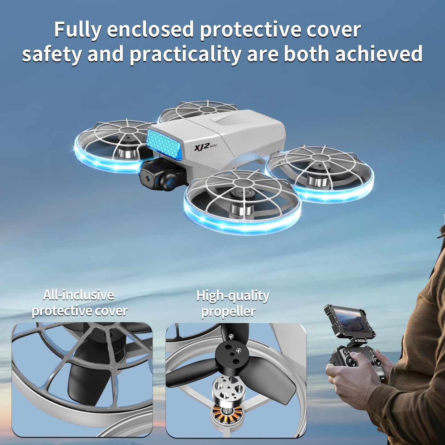 UAVRIAO Foldable RC mini Drone with 1K HD Camera Quadcopter, 2.4-inch Folding Remote, 2 Batteries & Carry Case - Safe Propeller Guard, 3D Flips, One-Key Takeoff/Landing, Ideal Gift for Beginners and Adults