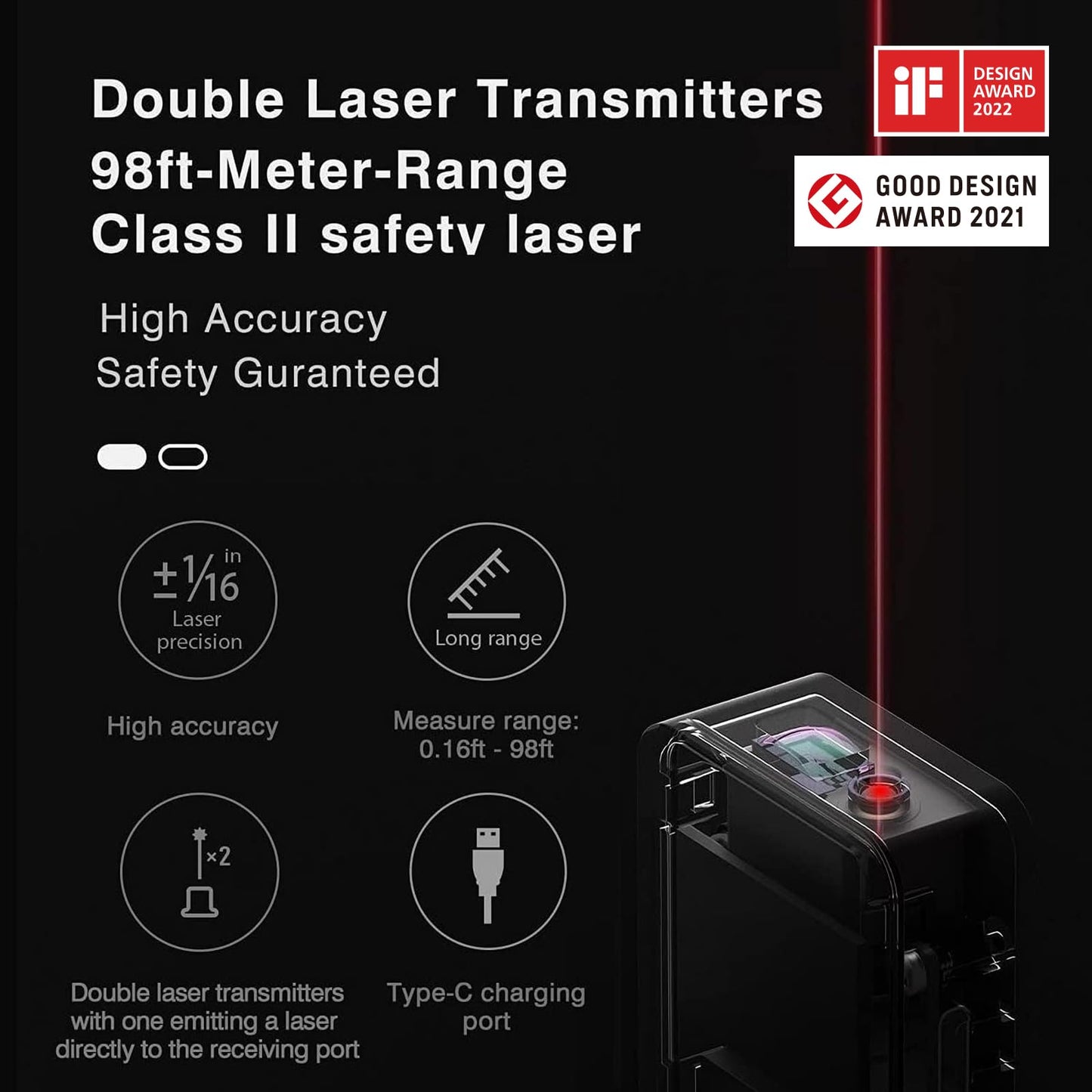 HOTO Laser Measuring Tool, Pocket-Size 98Ft Laser Tape Measure ±2mm Accuracy, USB-C Rechargeable, OLED Display, Ft/M/in Unit, Real-time Data Sync, Gifts for Men Women Mom Dad, Cool Gadgets & Home Use
