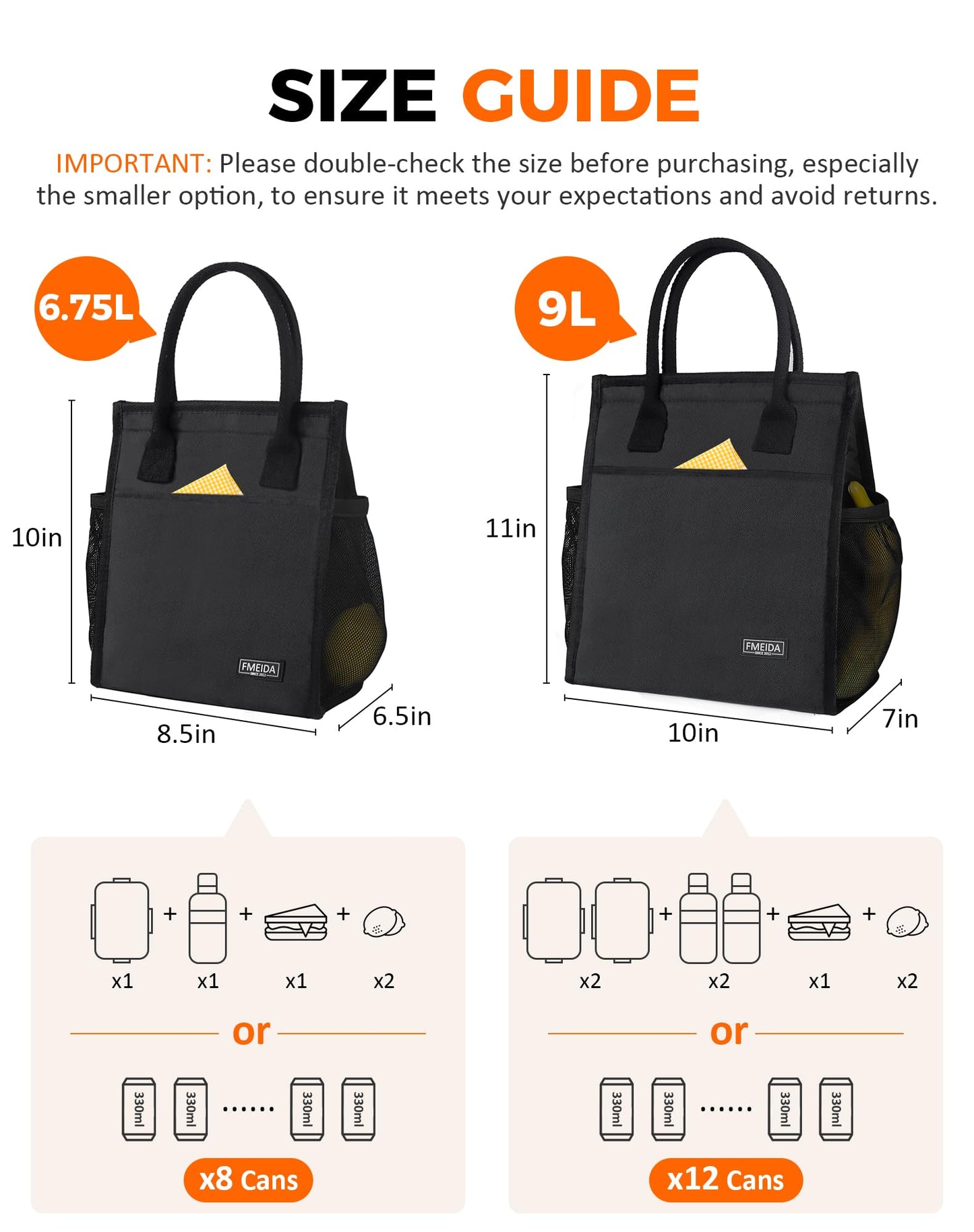 Fmeida Insulated Lunch Bag Women Men, 9L Large Lunch Bags with Multiple Pockets, Reusable Thermal Cooler Tote for Work, Office, Picnic, Travel | Hook and Loop Closure, Black