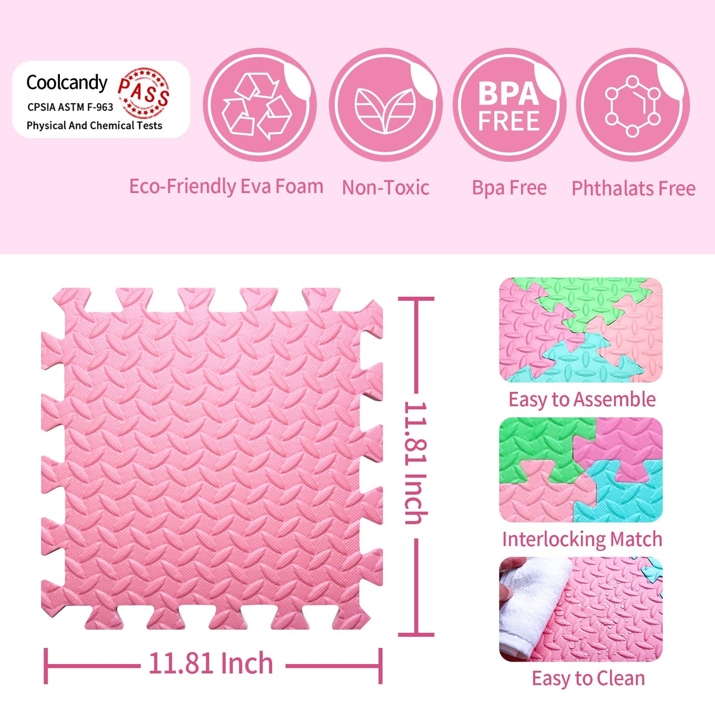 Coolcandy Baby Foam Play Mat 16Pcs with Edge Strips, 4 Colors Interlocking Floor Tiles, 0.4″ Thickened Non-Slip Puzzle Floor Mat for Infants Toddlers Playroom & Daycare