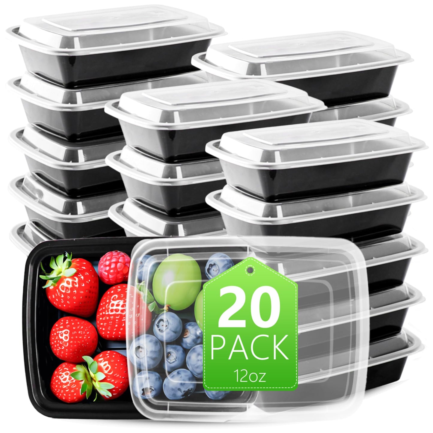 NutriBox [20 value pack single one compartment 12oz MINI Meal Prep Food Storage Containers - BPA Free Reusable Lunch bento Box with Lids - Spill proof, Microwave, Dishwasher and Freezer Safe