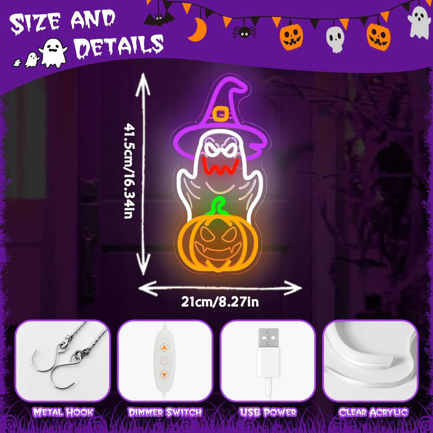 hhuohuona Halloween Neon Sign Dimmable Ghost Led Sign Halloween Ghosts With Witch Hat Neon Lights Jack-O'-Lantern Light Up Sign Spooky Boo Window Lights