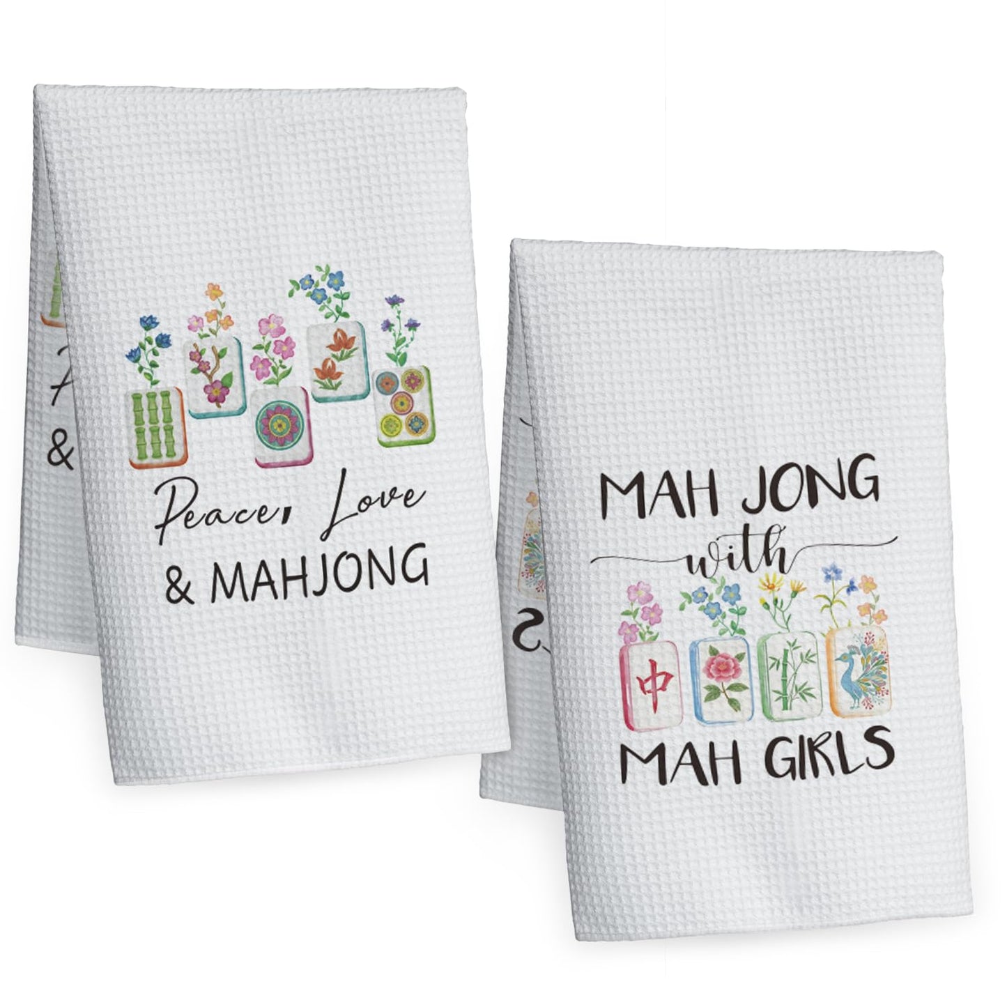 Bogatstvo Mahjong Gifts Dish Towels for Women Friends, Set of 2 Floral Mahjong Decorative Waffle Weave Kitchen Towels for Home Bar Bathroom, Housewarming Birthday Mothersday Gifts, Peace Love & Mahj