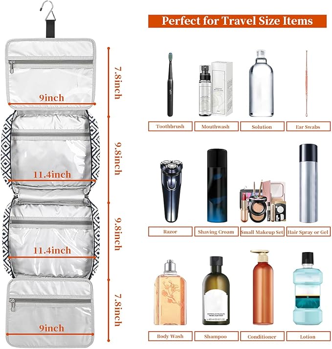 Bosidu Hanging Travel Toiletry Bag,Large Capacity Cosmetic Travel Toiletry Organizer for Women with 4 Compartments & 1 Sturdy Hook,Perfect for Travel/Daily Use/Christmas