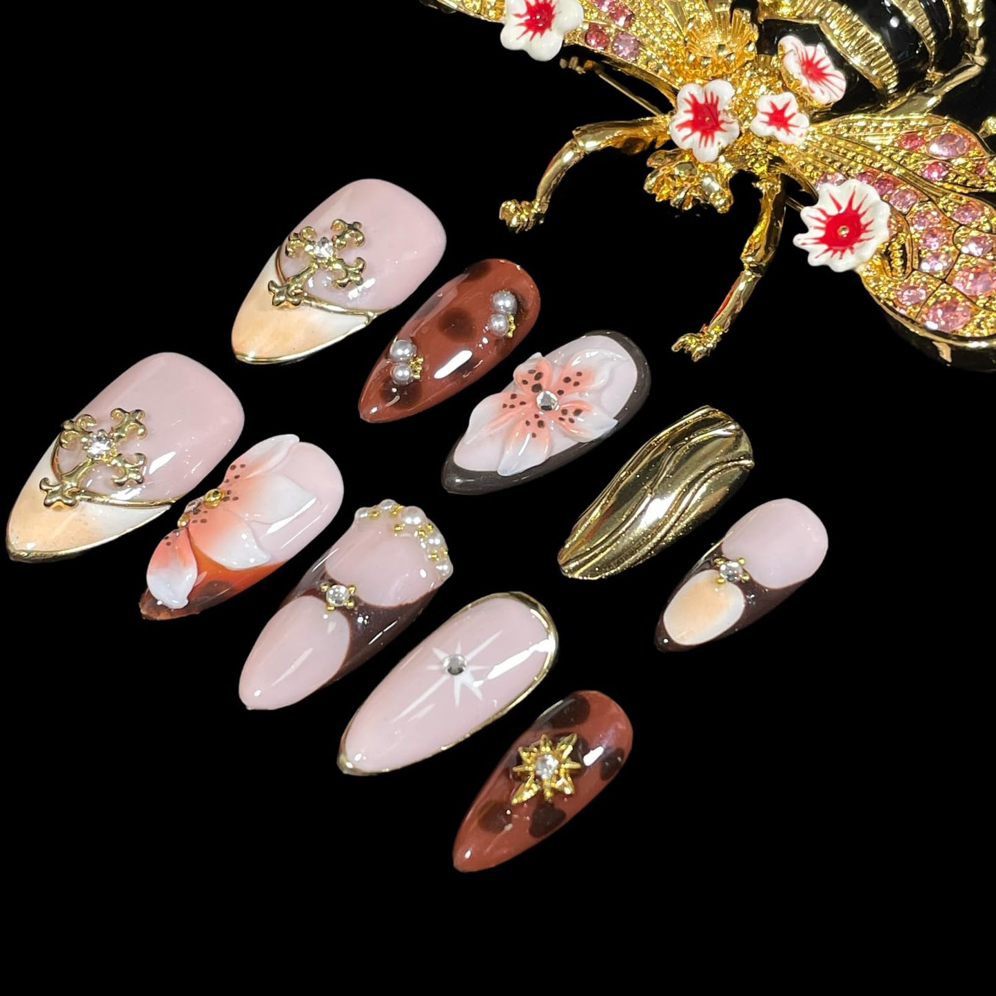 Handmade Press On Nails Medium Almond 10 Unique 3D Floral Designs Gold Filigree Crosses Caramel-Brown & Peach Blossoms | Reusable Acrylic False Nails for Women (Brown, S)