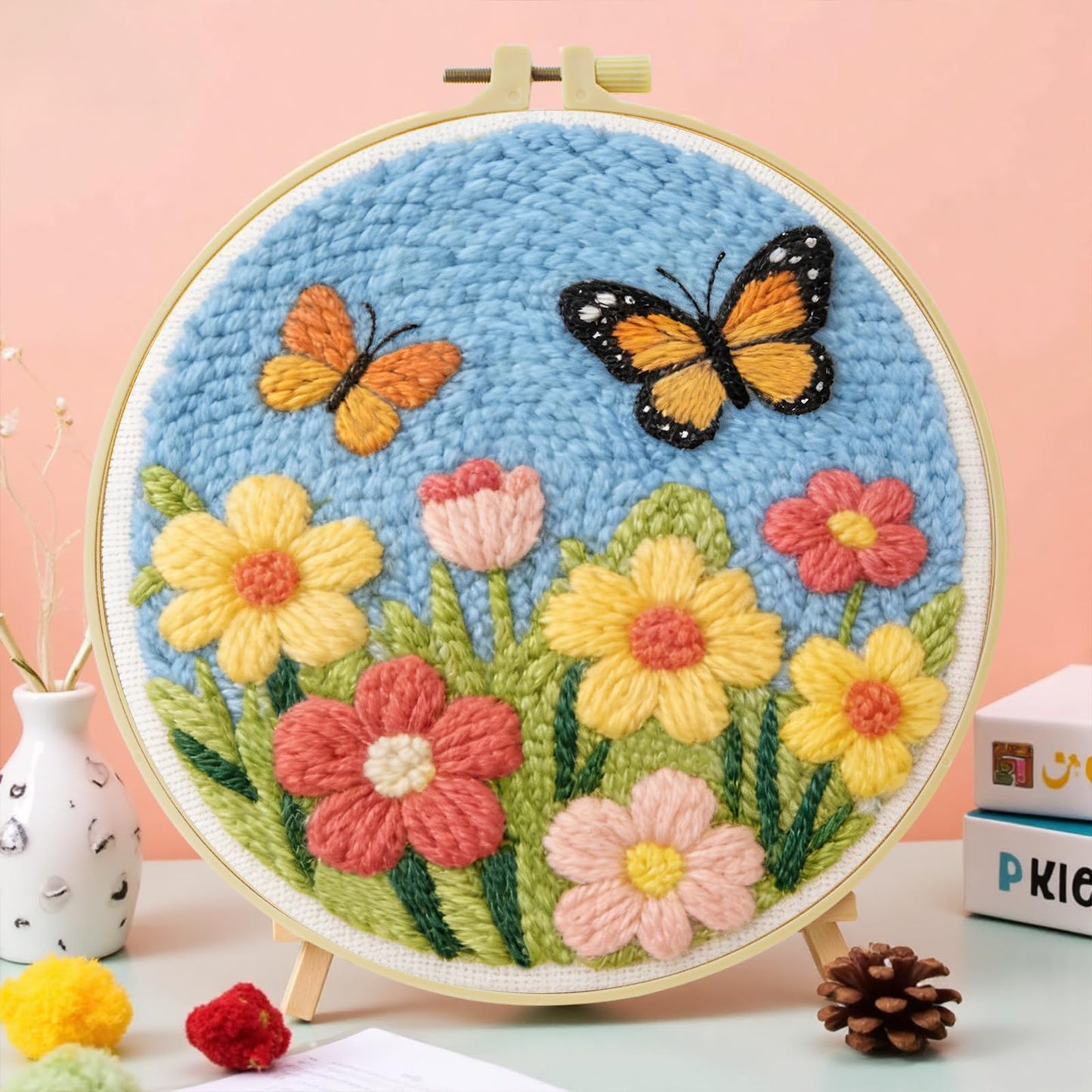 JOZYSH DIY Punch Needle Kits for Beginners Cute Cartoon Butterflies with Spring Flowers with Hoop Embroidery Punch Needle Starter Craft Set Easy for Adults Festival Gift and Decoration
