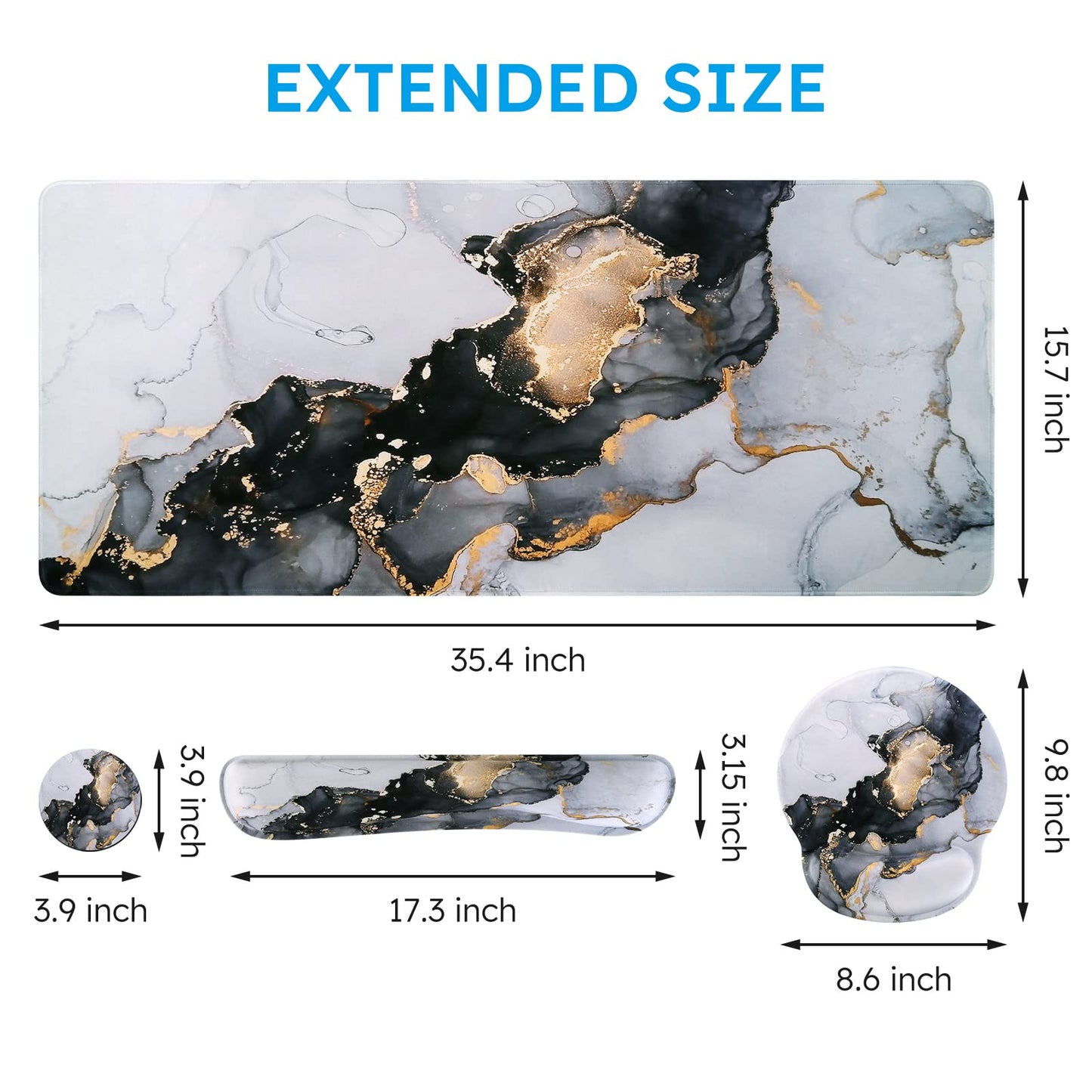 iCasso Desk Mat, Gaming Mouse Pad Wrist Support Set,4in1 XXL Large Mousepad + Keyboard Wrist Rest+Mouse Wrist Rest+Coaster Set with Ergonomic Design for Home Office Table Computer-Grey Ink Marble