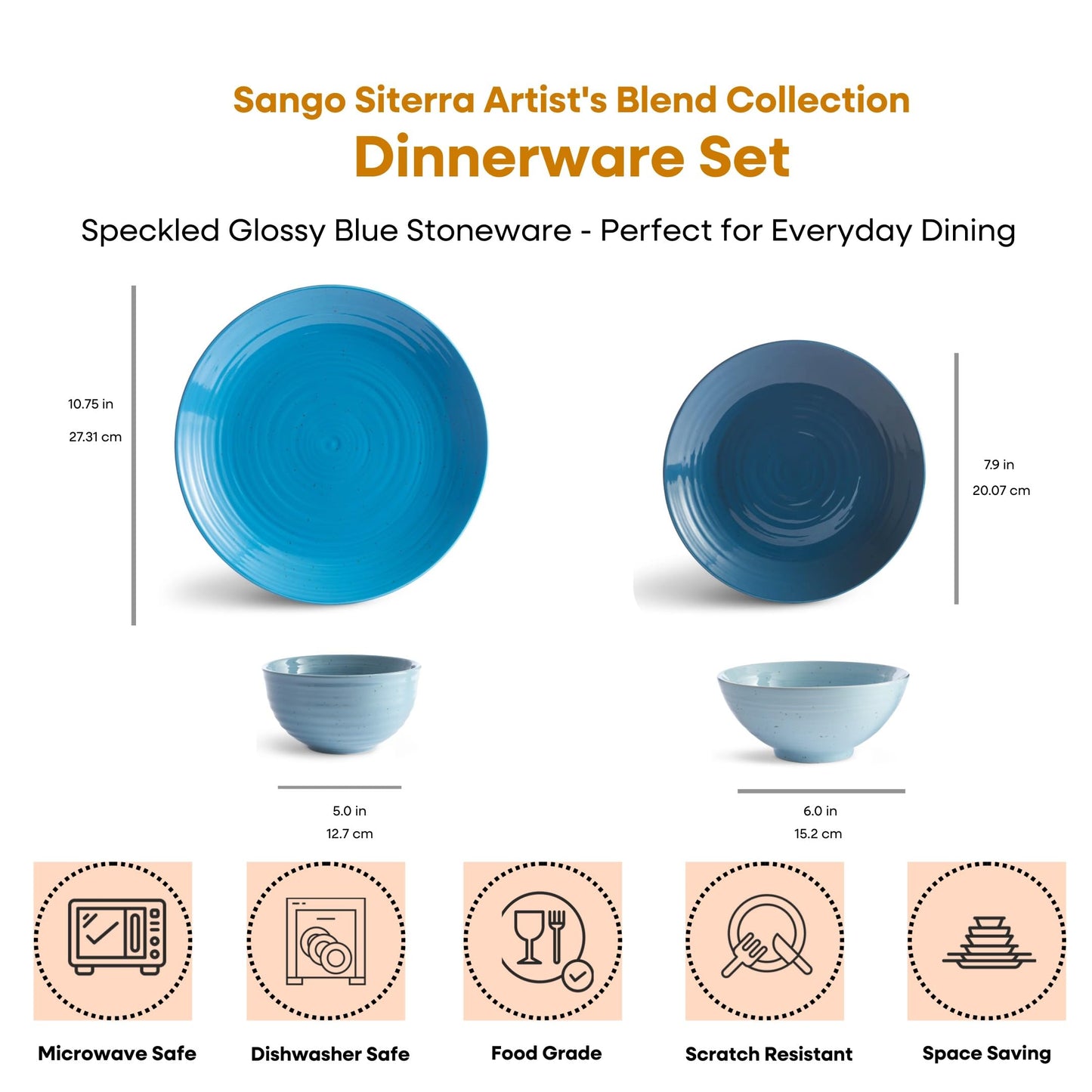Sango Siterra Artist's Blend 16-Piece Stoneware Dinnerware Set – Service for 4, Ocean Blue Glossy Glaze with Unique Speckled Design, for Everyday Dining & Entertainment, Microwave & Dishwasher Safe