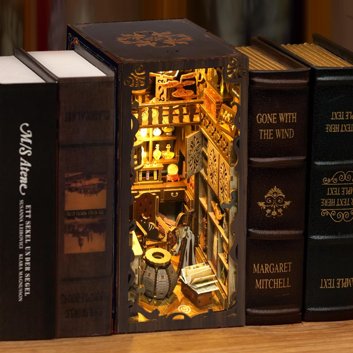 NEXTIPS Magic Academy Book Nook Kit with LED Lights - 3D Wooden DIY Miniature Library for Bookshelf Decor, Gift for Harry Potter Fans
