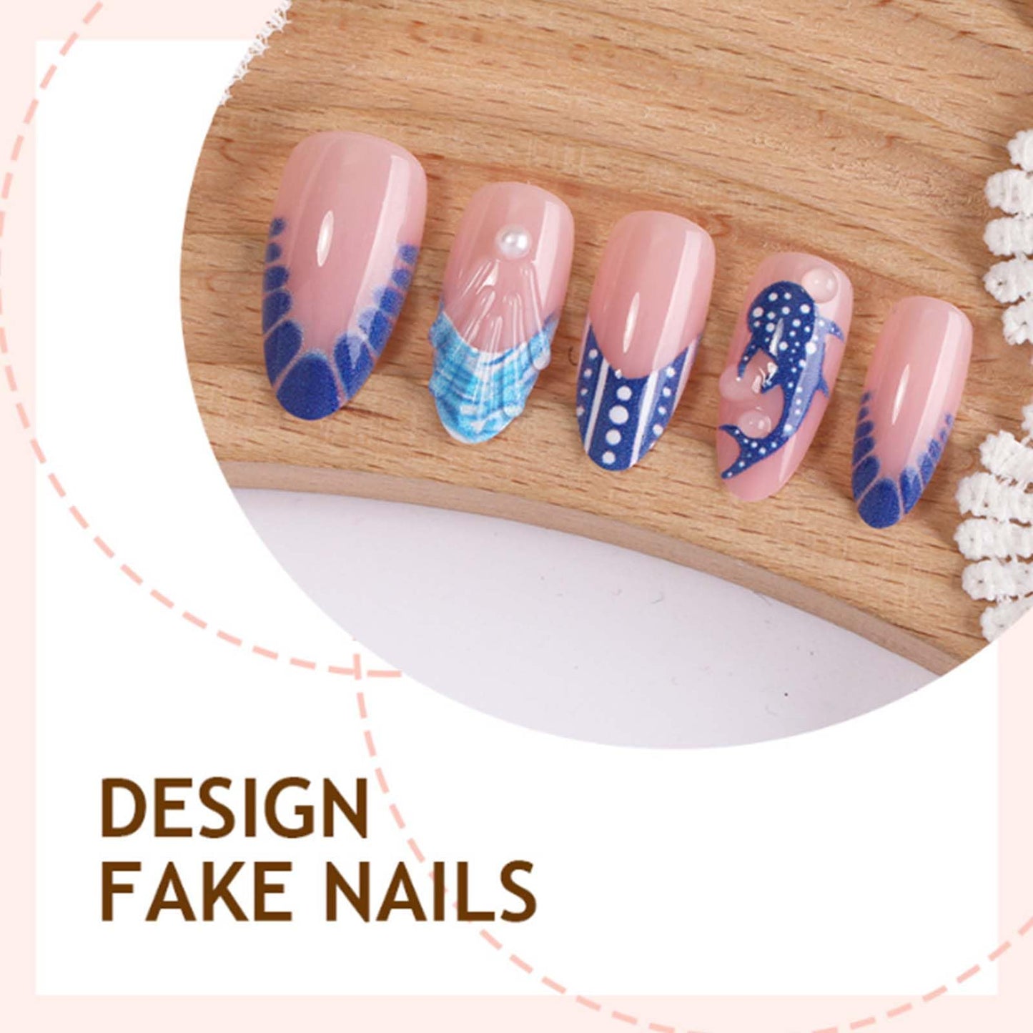 DANMANR Short Press on Nails Almond Fake Nails Full Cover French Whale Acrylic 3D Pearl Shell False Nails for Women and Girls 24PCS