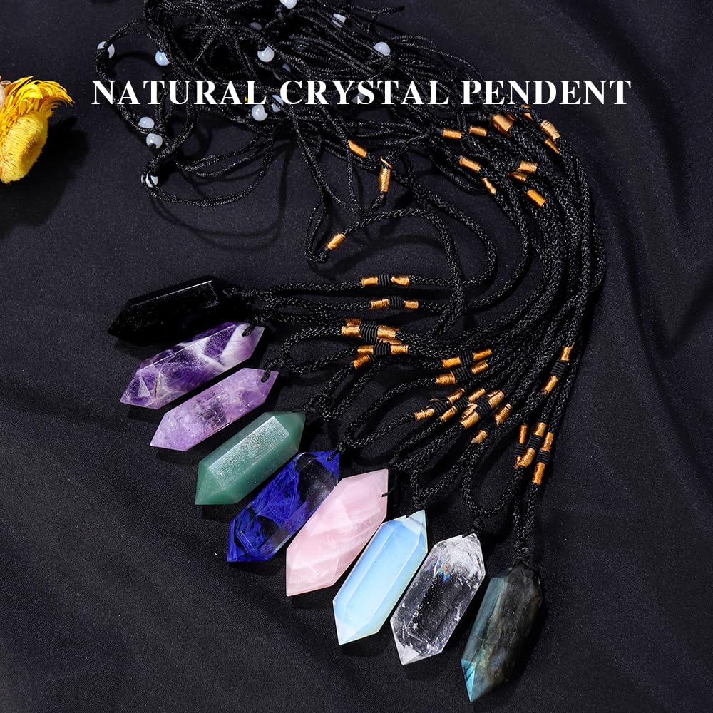 Runyangshi Black Obsidian Healing Crystal Pendants, Double Pointed Natural Crystal Quartz Necklace 6 Faceted Chakra Crystal Wand Stone