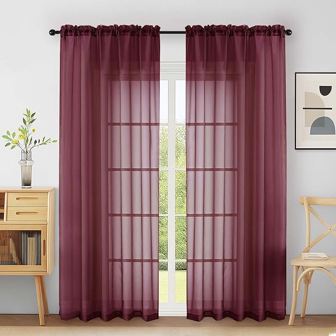 Extra Wide Sheer Curtains 90 Inches Long 2 Panels, Light Filtering Lightweight Solid Sheer Curtains for Bedroom Living Room, Christmas Window Sheer Drapes, Dual Rod Pocket, Burgundy, 2x59Wx90L