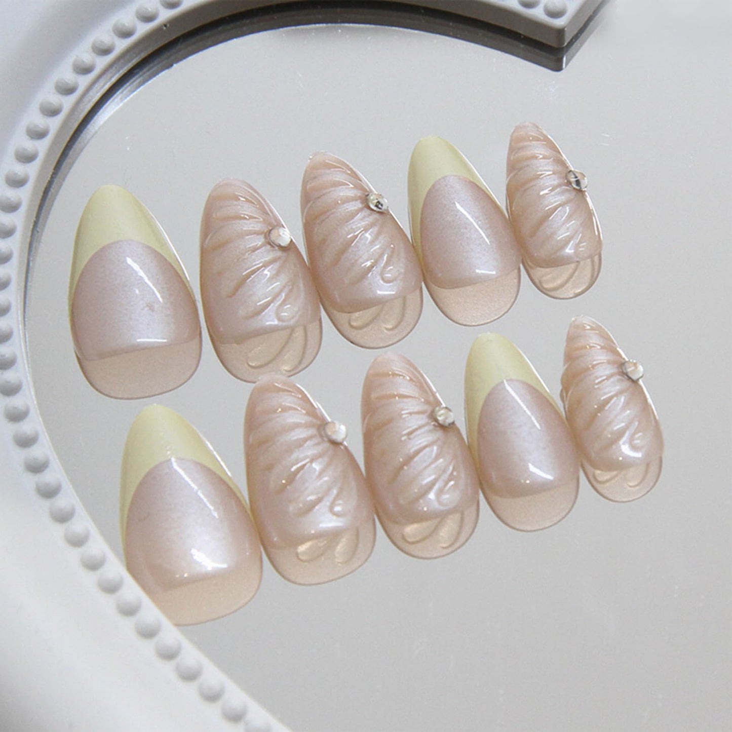 IMRAIN Chrome Press on Nails Medium Almond Fake Nails Yellow French Tips Glue on Full Cover 3D Shell & Rhinestone False Nails Cute Nude Artificial Nails - 24Pcs