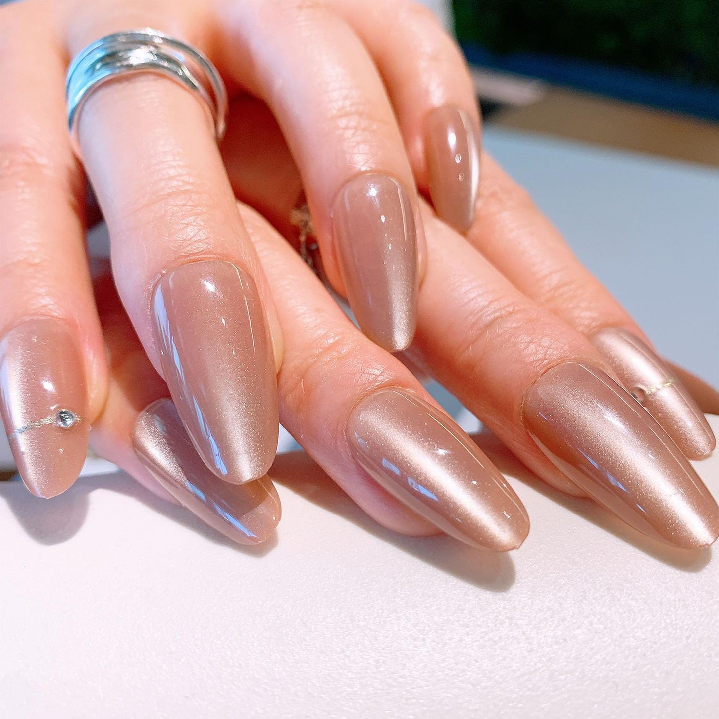 Press on Nails Almond Short Fake Nails Reusable Glossy Acrylic Nails Pink with Drill Design Glue on Nails Full Cover Artificial Stick on Nails for Women 24 Pcs