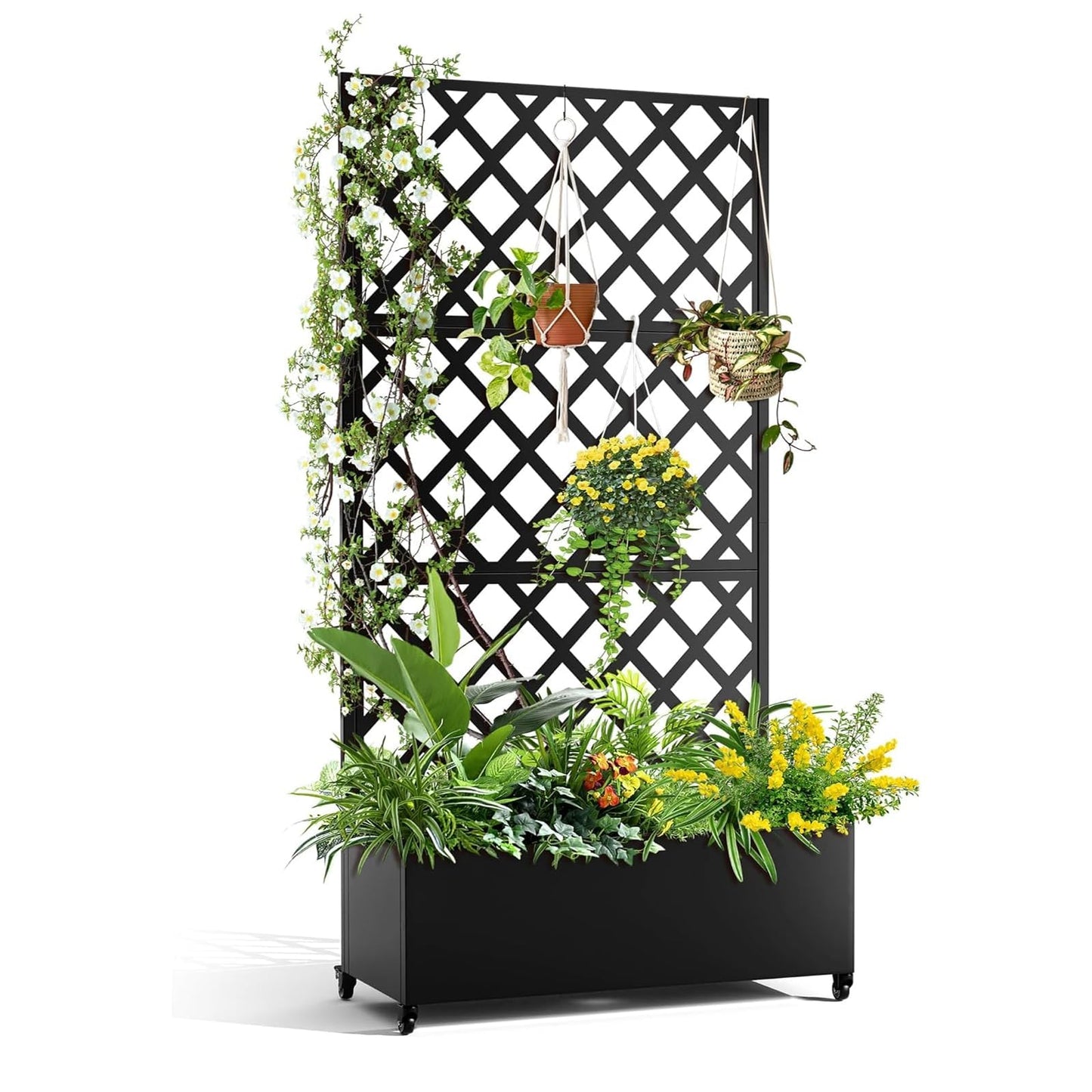 GarveeLife Metal Planter Box, with Diamond Lattice Trellis Planter Box, for Climbing Plants and Vines, Galvanized Raised Garden Bed on Wheels, Garden Bed with Trellis(72"x35" Black)