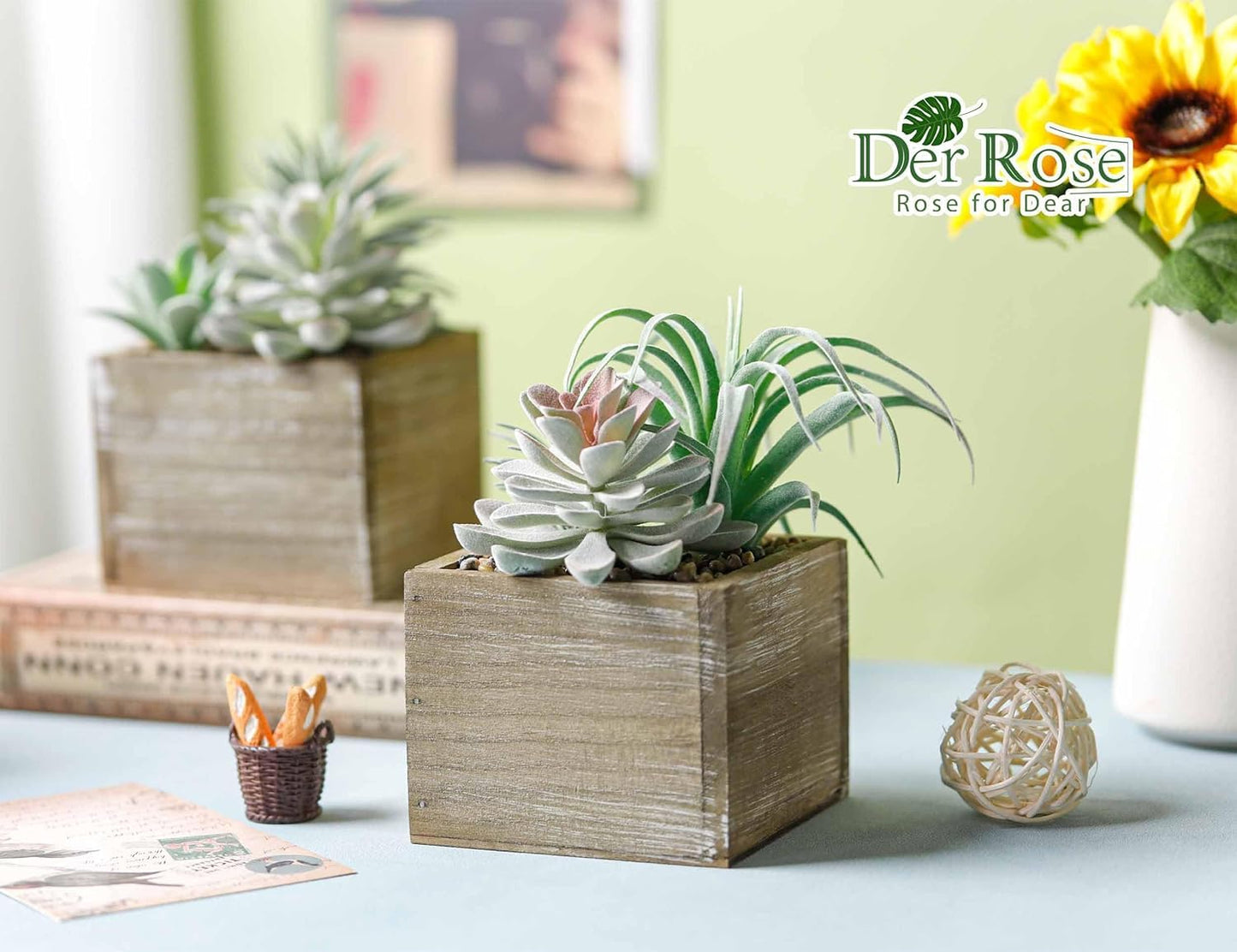 Der Rose 2 Pack Fake Plants Succulents Plants Artificial Cactus Plants in Wood Pots with Pink Flowers for Farmhouse Bathroom Decor