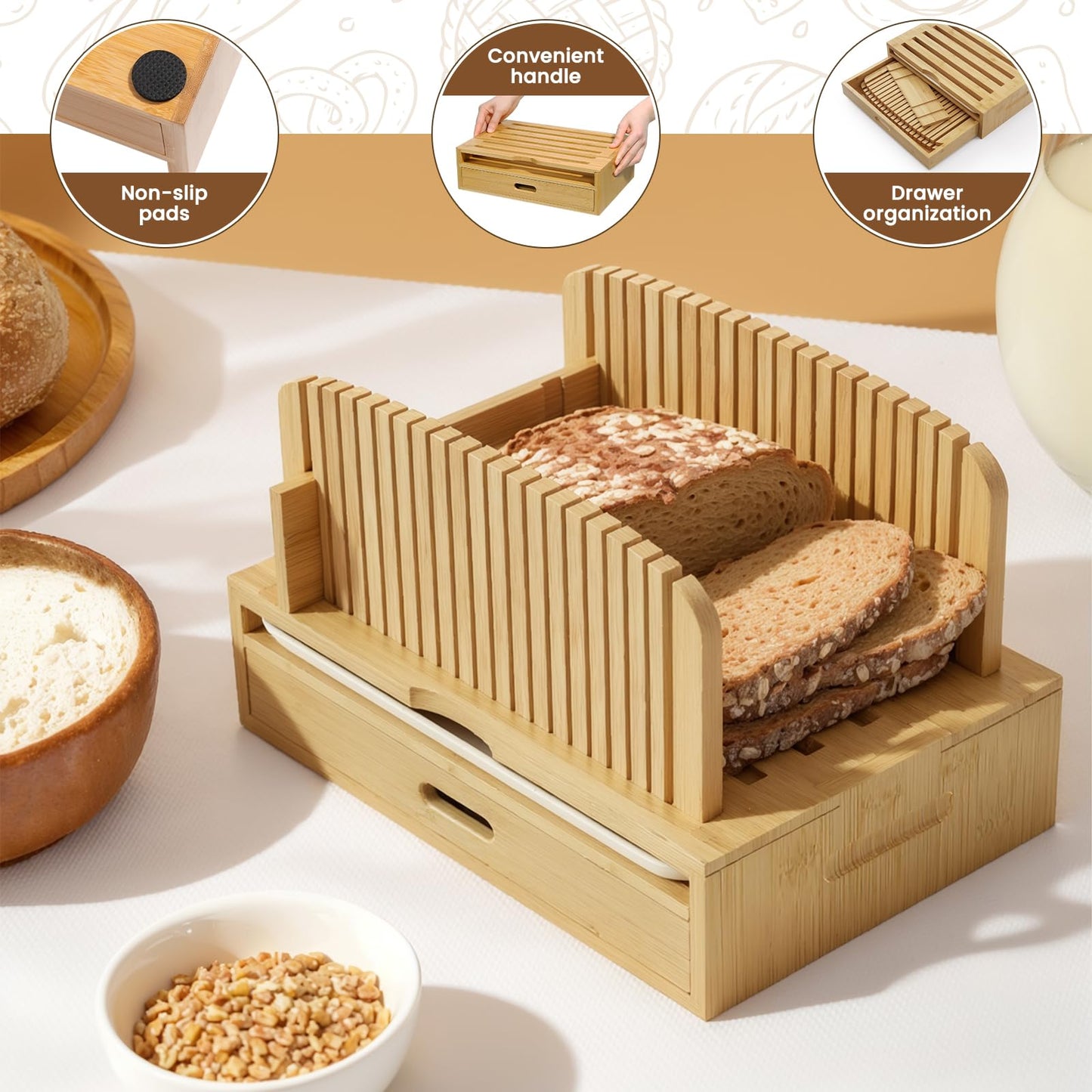 Bamboo Bread Slicer for Homemade Bread Adjustable Width Slicing Guides, Compact Loaf Cutter for Perfect Slices