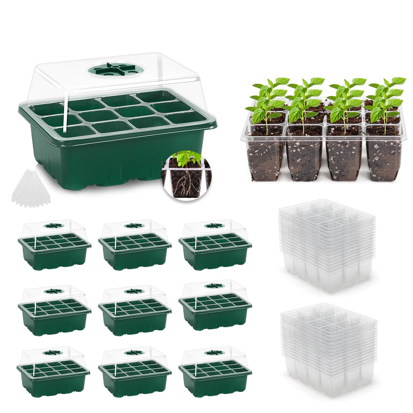MIXC 10 Packs Seed Starter Tray with Humidity Dome +30 Pack Transparent Seed Tray