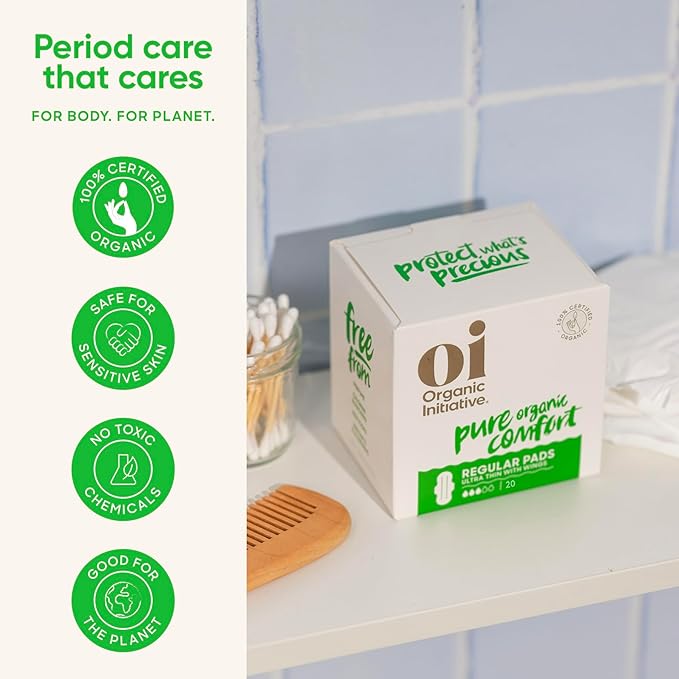 Oi | Organic Initiative - Ultra-Thin Pads with Wings | 100% Certified Organic Cotton, Unscented | Leak Free, Biodegradable | Non-GMO, Toxin Free (Regular, 54, Count)