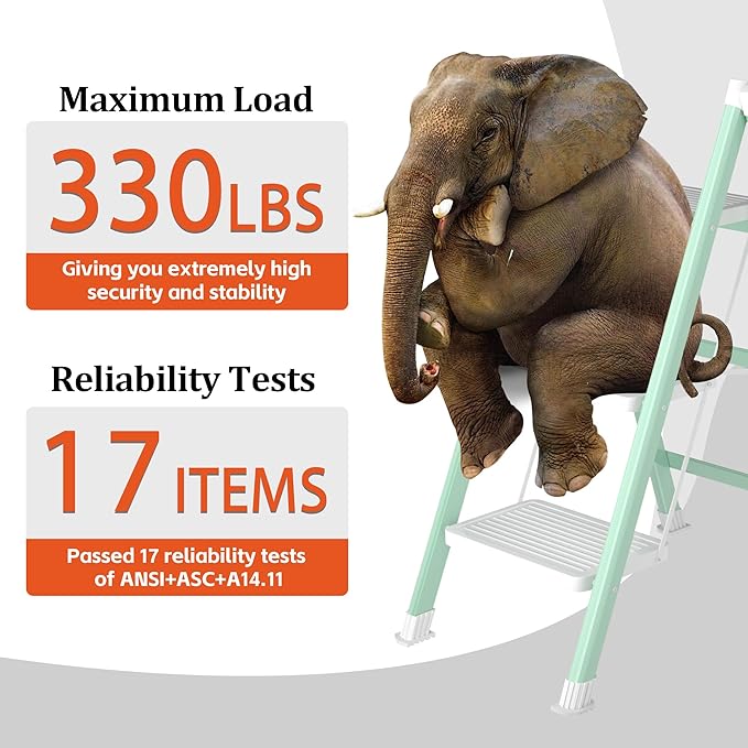 3 Step Ladder, Folding Step Stool with Anti-Slip Wide Pedal, Anti-Slip Feet, Sturdiest Steel Construction, Steel Ladder for Home and Office, Green White