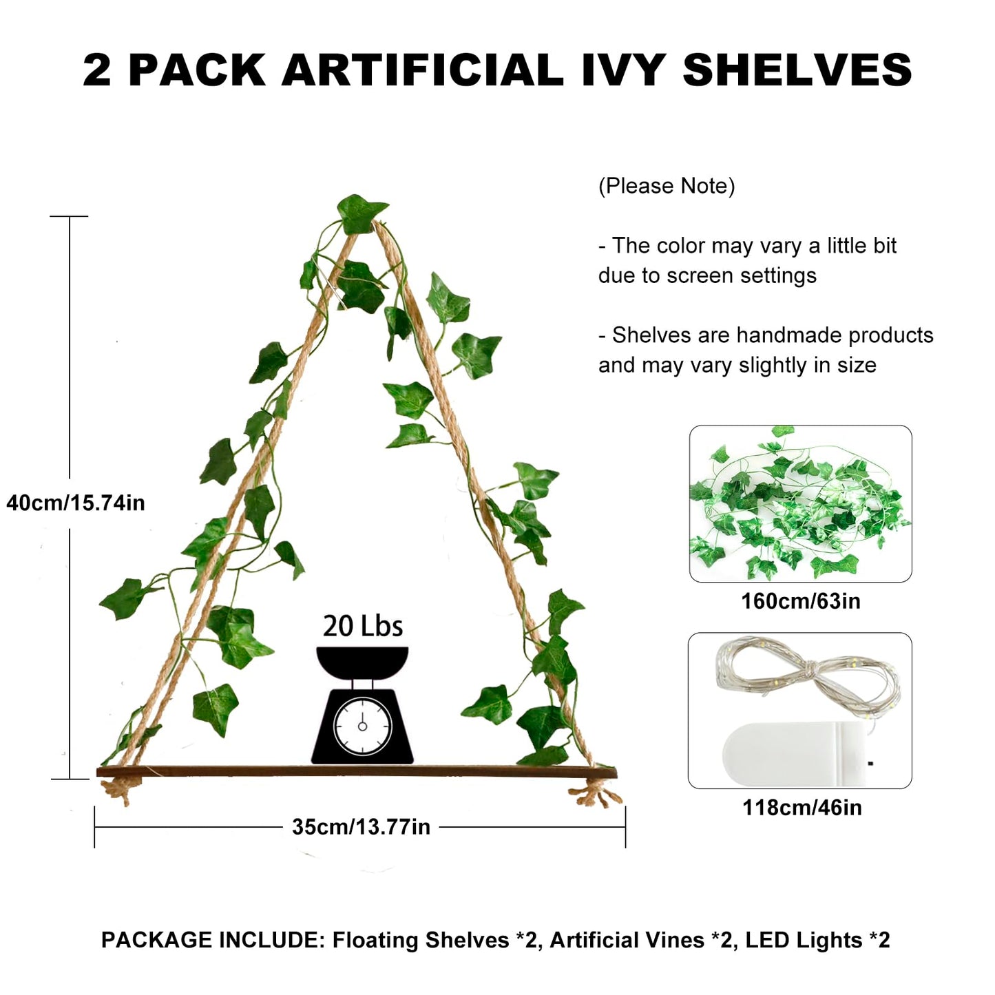 Artilady 2 Pack Artificial Ivy Wall Hanging Shelves Boho Floating Shelves Wall Decor, Adjustable Rustic Wood Shelf with LED Light Storage Rack Macrame Plant Shleves Holder for Bedroom