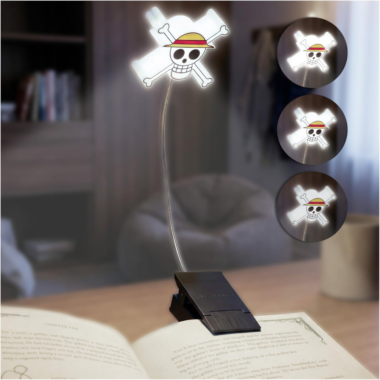 Get Trend One Piece 3D Book Light for Reading at Night, Clip On 360° LED Reading Lights in Bed, Eye Caring 3 Dimming Brightness, Battery & USB Straw Hat Clamp Lamp, Anime Gifts for Book Lovers