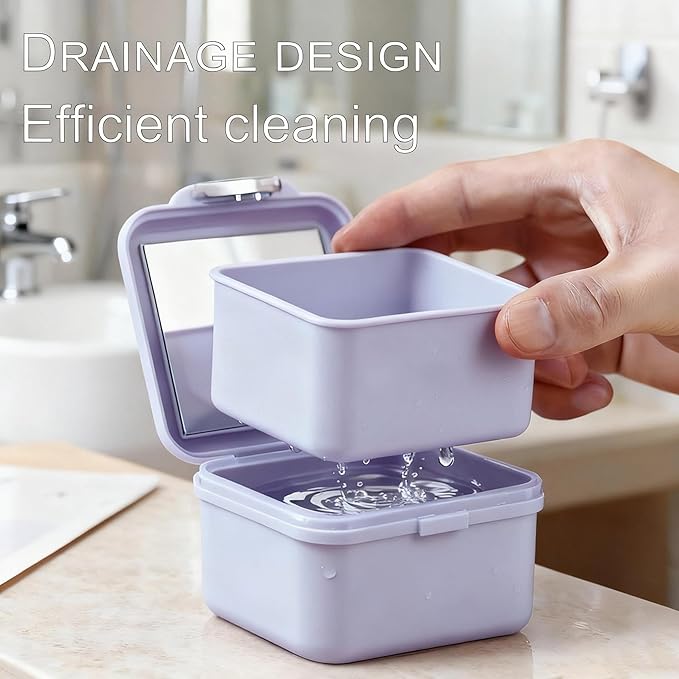 Denture Bath Case, Denture Soaking Container Denture Cup Soaking Holder Mouth Guard Denture Box Denture Baths Cleaning with Lid Waterproof （Purple）