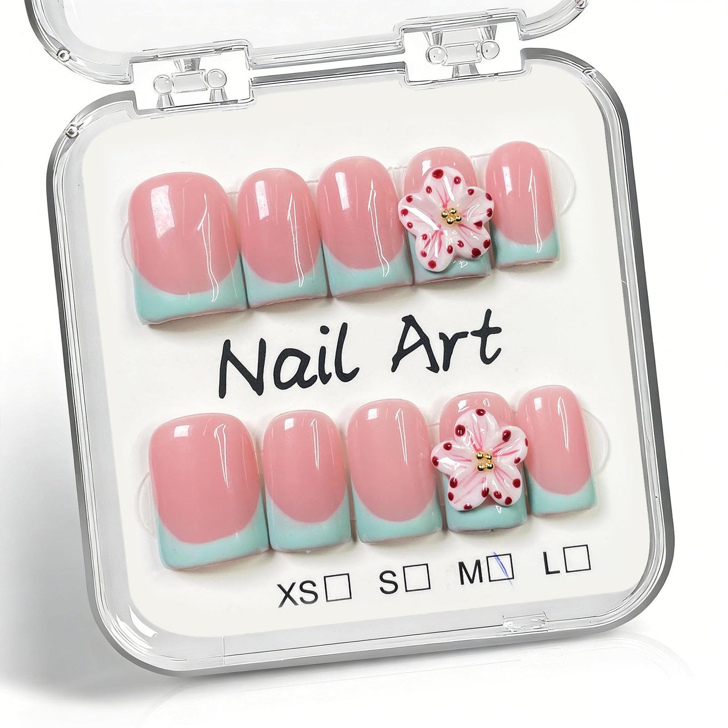 10 Pcs Handmade Press on Nails Short Square Fake Nails with 3D Flower Light Green French Tip Design Acrylic False Nails Pink M Size Press Ons Nails Square for Women Nail Art