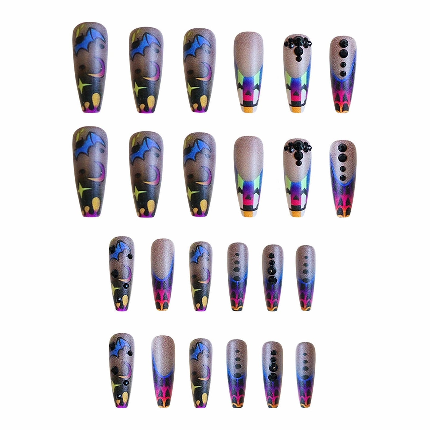 MISUD Press on Nails - Long Coffin Fake Nails with Goth Clown, Acrylic Gothic Bat Design 24 pcs