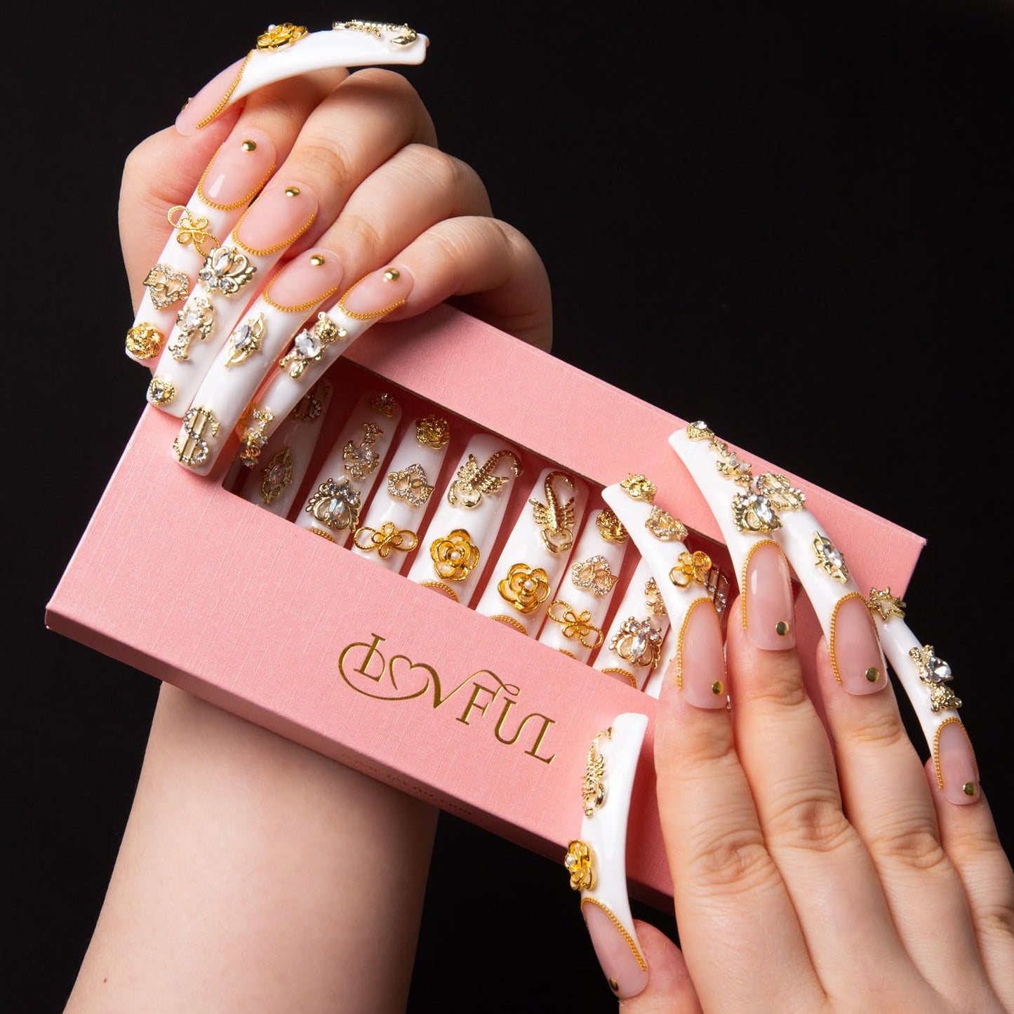 LOVFUL Press on Nails Chicago | Handmade with Full Covered Crystals | Reusable Fake Nails | Curve Long 2.2 in | H189-S